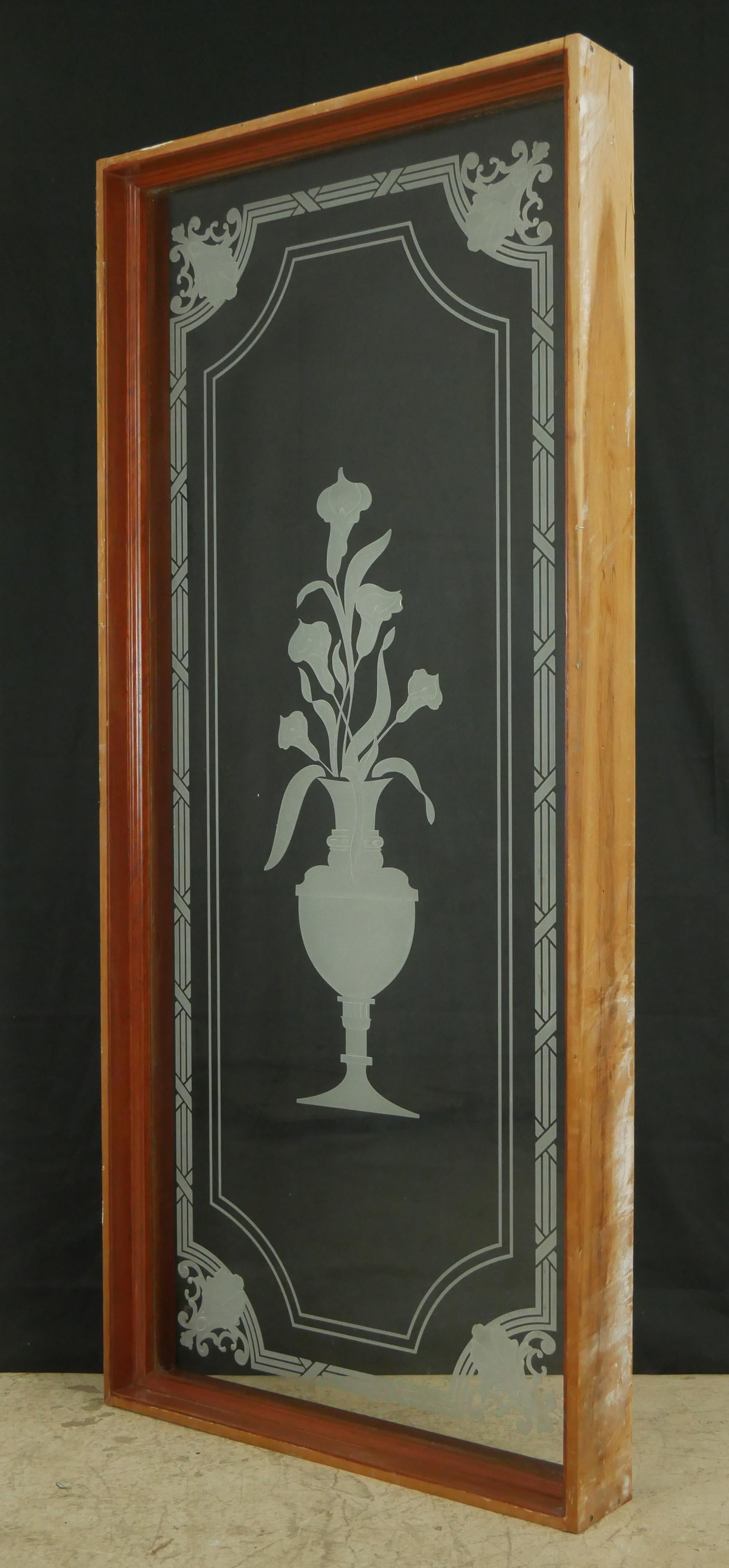 Pair of Calla Lily Urn Etched Clear Glass Window Panels For Sale 3