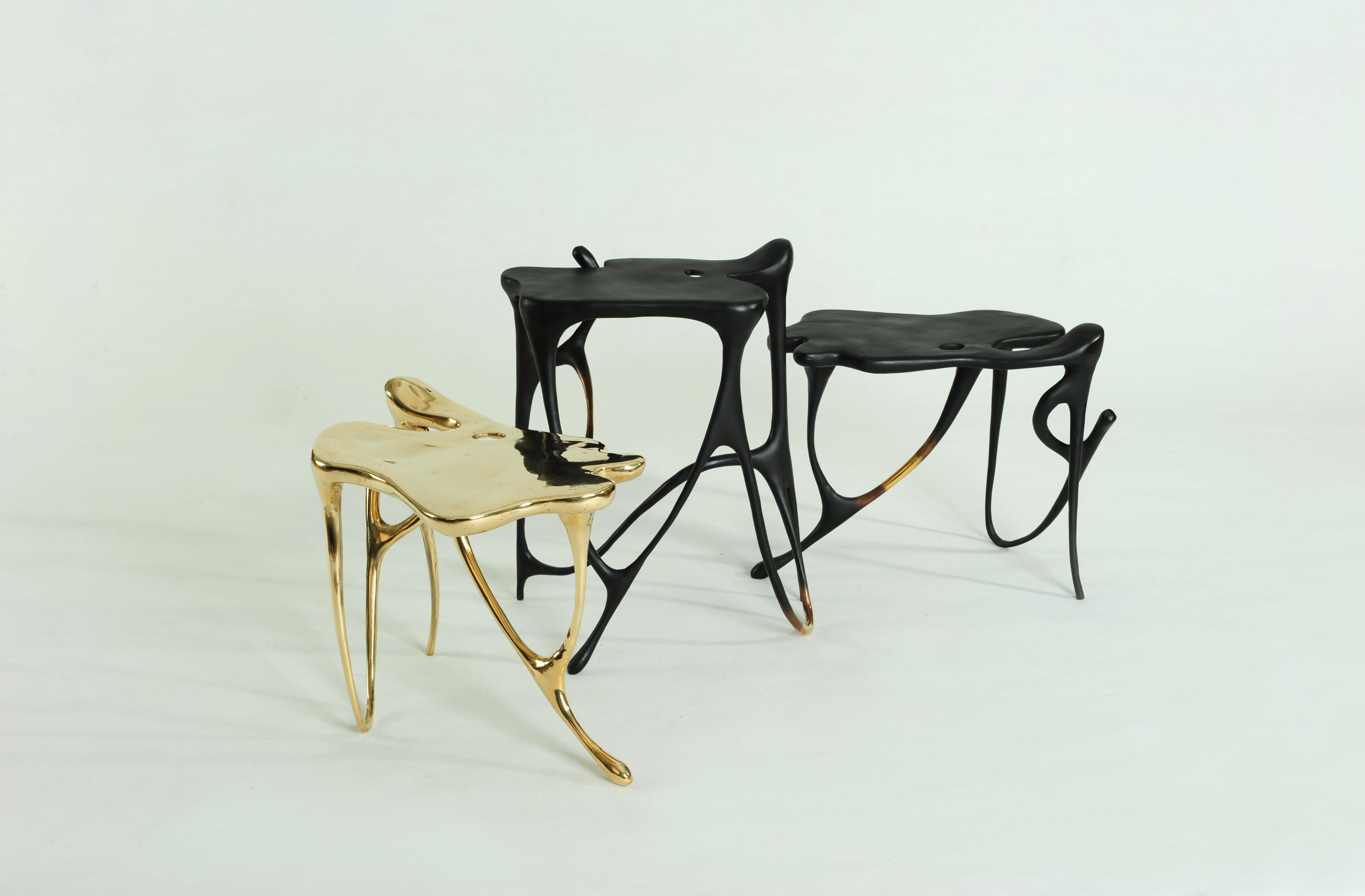 Pair of Calligraphic Sculpted Brass Side Tables by Misaya 6