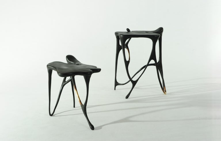 Contemporary Pair of Calligraphic Sculpted Brass Side Tables by Misaya For Sale