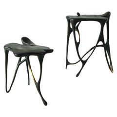 Pair of Calligraphic Sculpted Brass Side Tables by Misaya