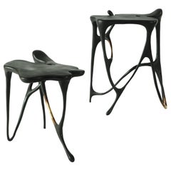 Pair of Calligraphic Sculpted Brass Side Tables by Misaya