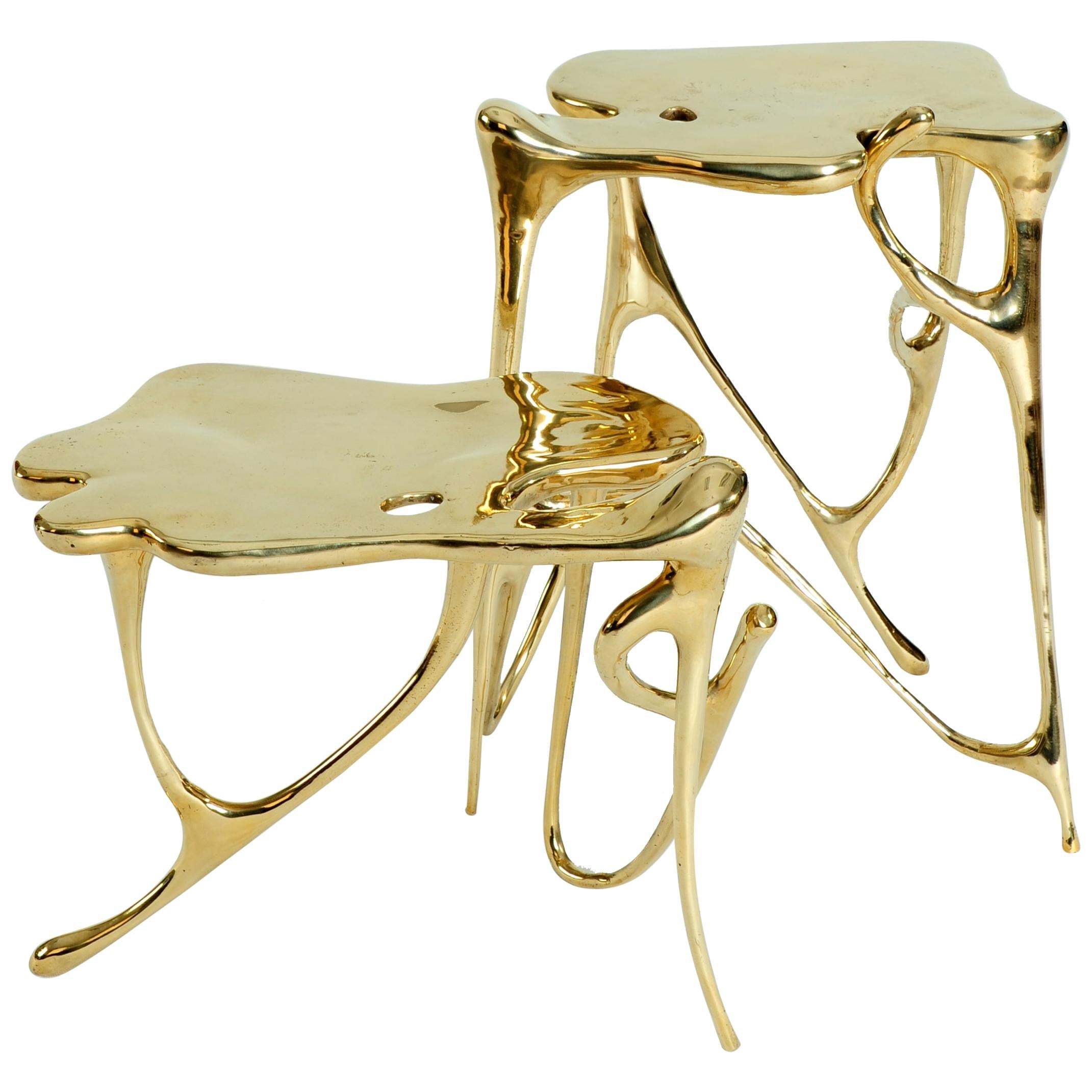 Pair of Calligraphic Sculpted Brass Side Tables by Misaya For Sale