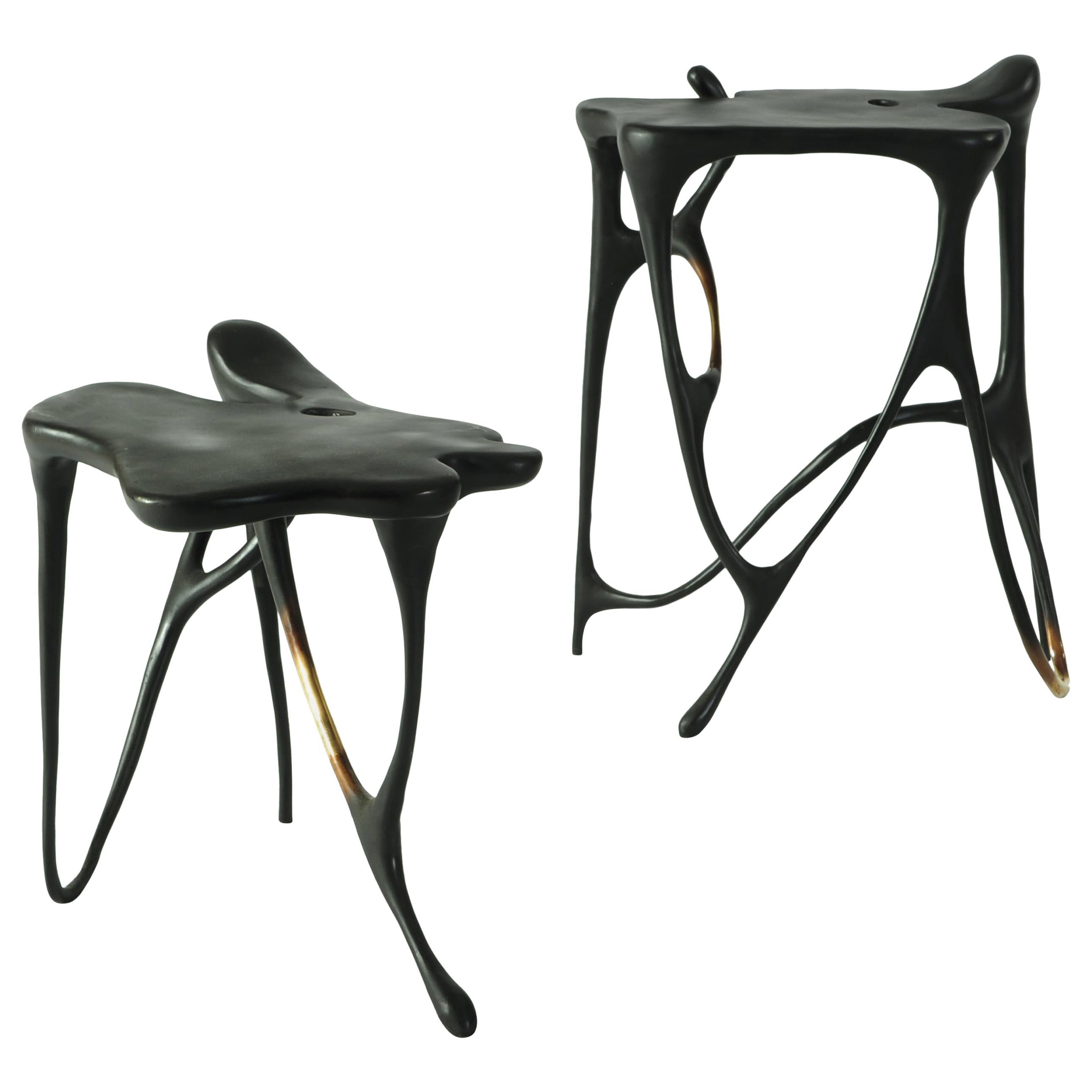 Pair of Calligraphic Sculpted Brass Side Tables by Misaya For Sale