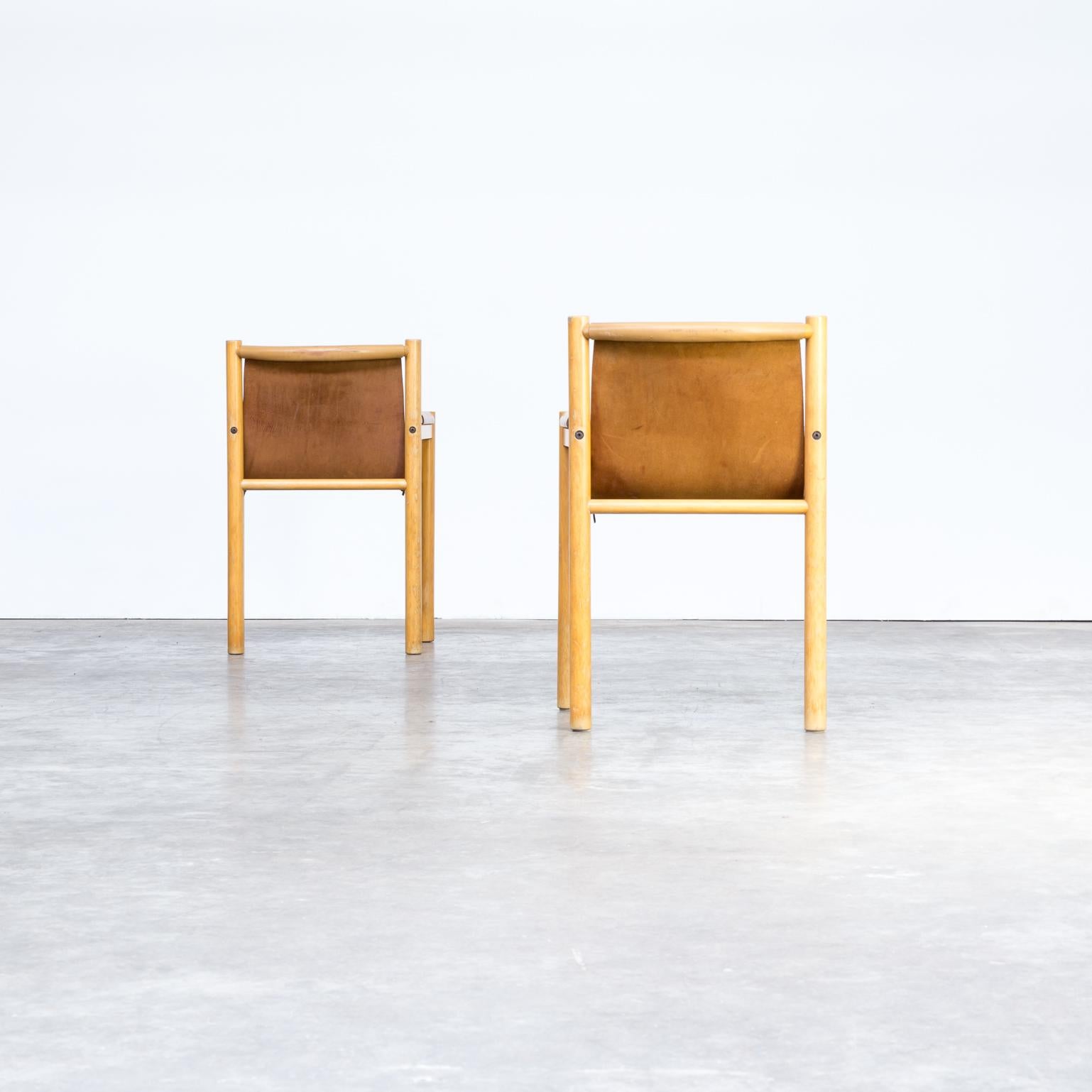 Pair of Camel Brown Leather and wood Dining Chair for Ibisco Sedie set/2, 1970s For Sale 2