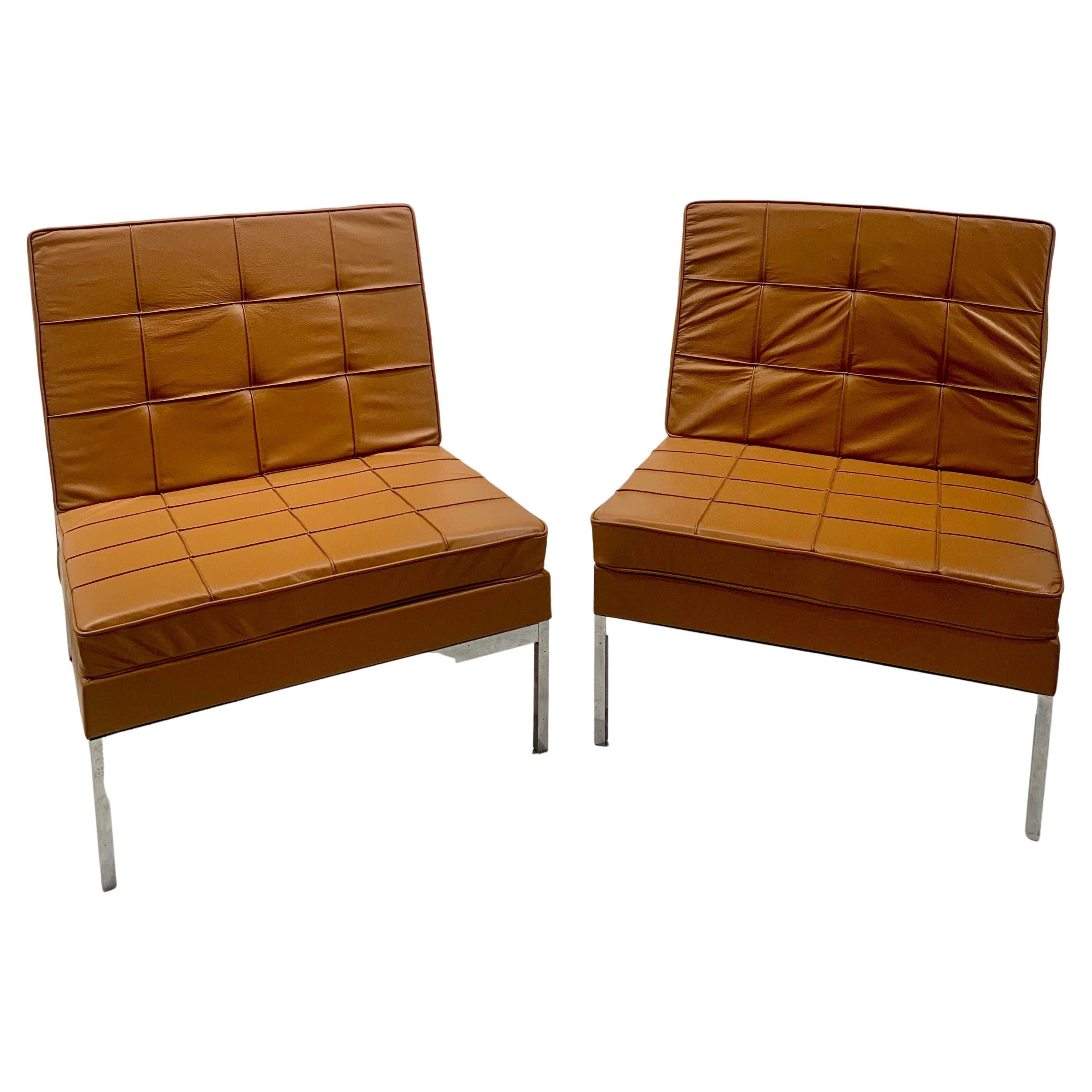 Pair of Camel Leather Armchairs by Florence Knoll for Knoll For Sale