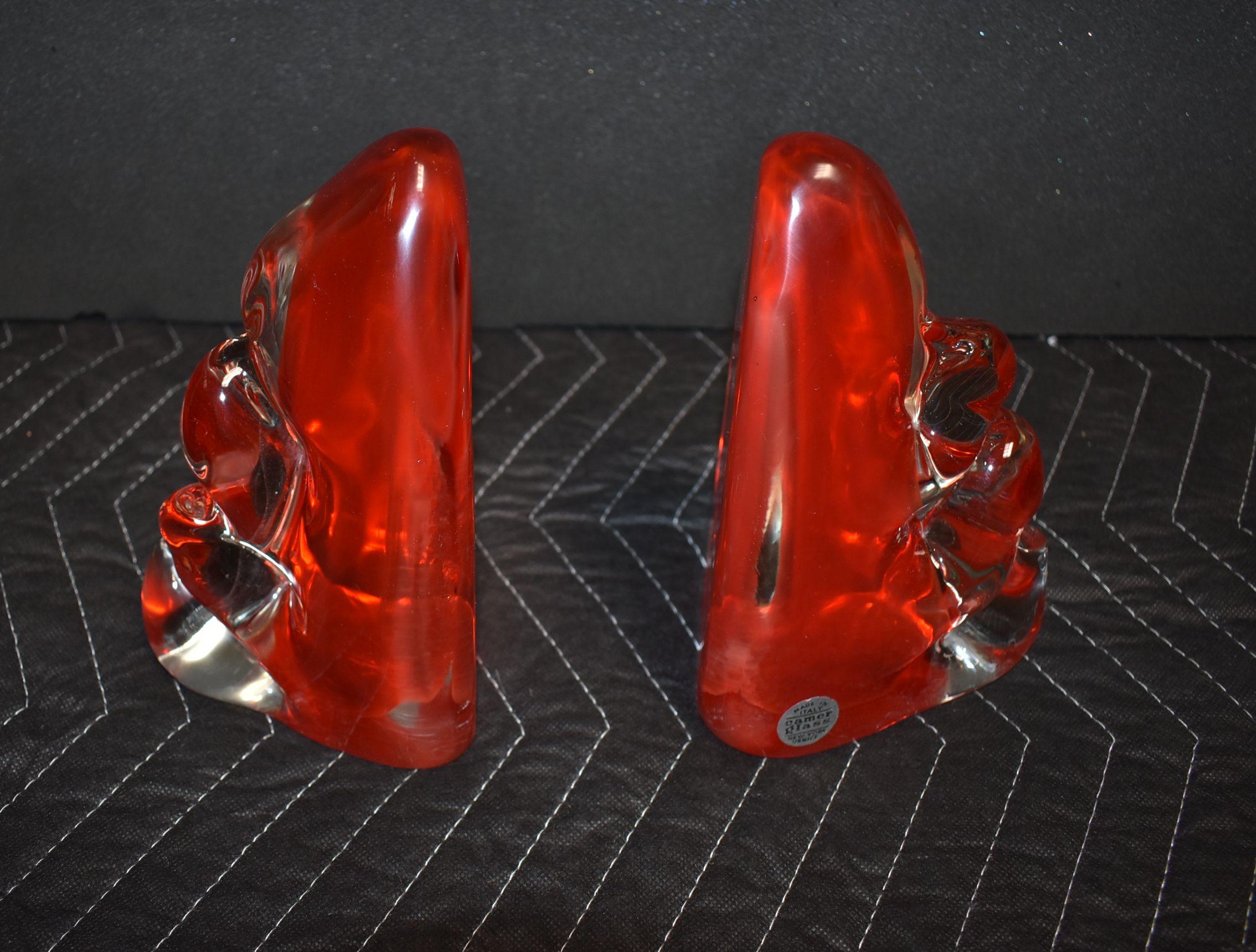 1950s pair of hand blown red and clear sculptural Murano glass bookends with original label 