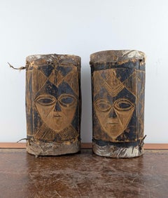 Pair of Cameroonian Grassfields Hand-Carved Wood and Hide Drums