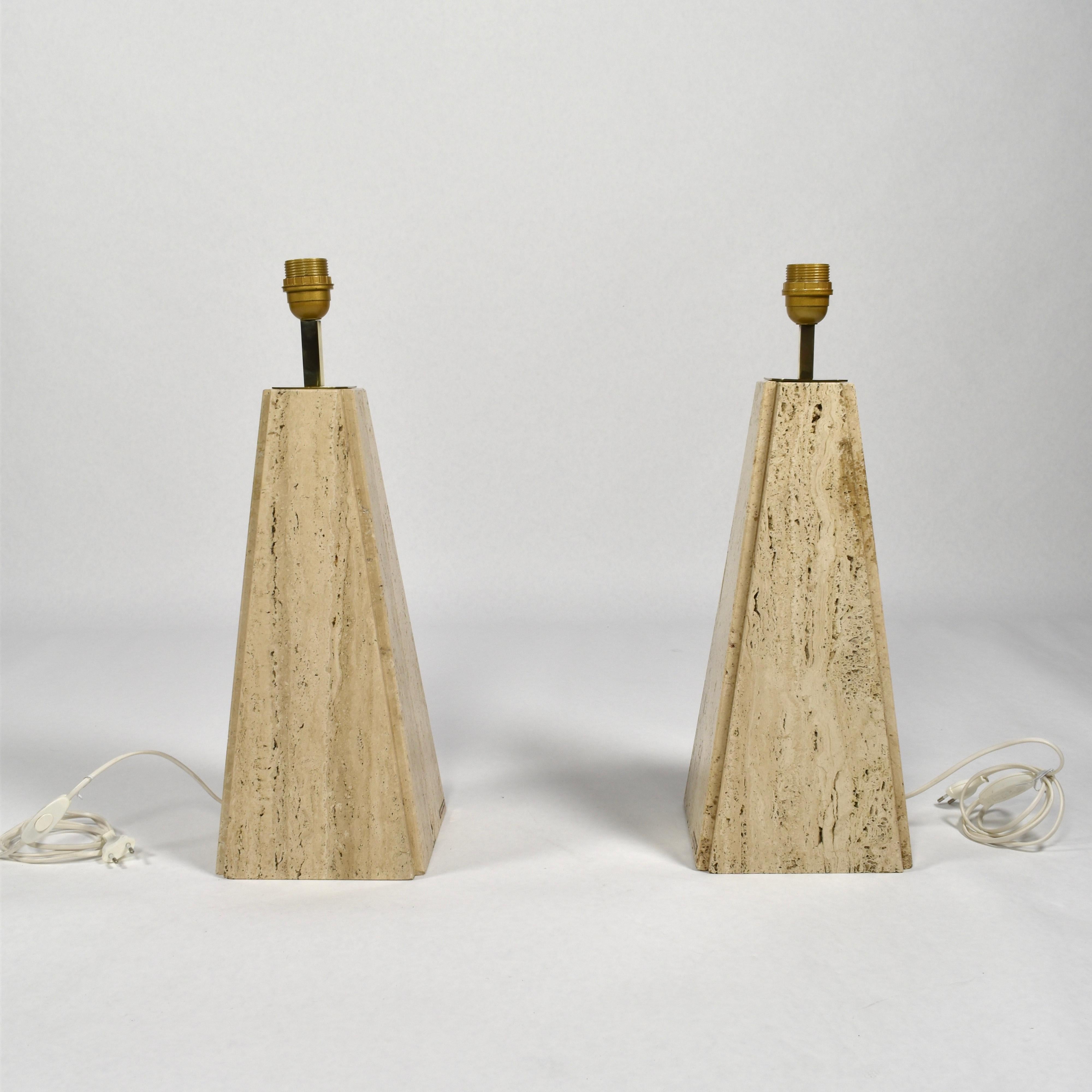 Pair of Camille Breesch Travertine and Brass Table Lamps, Belgium, circa 1970 4