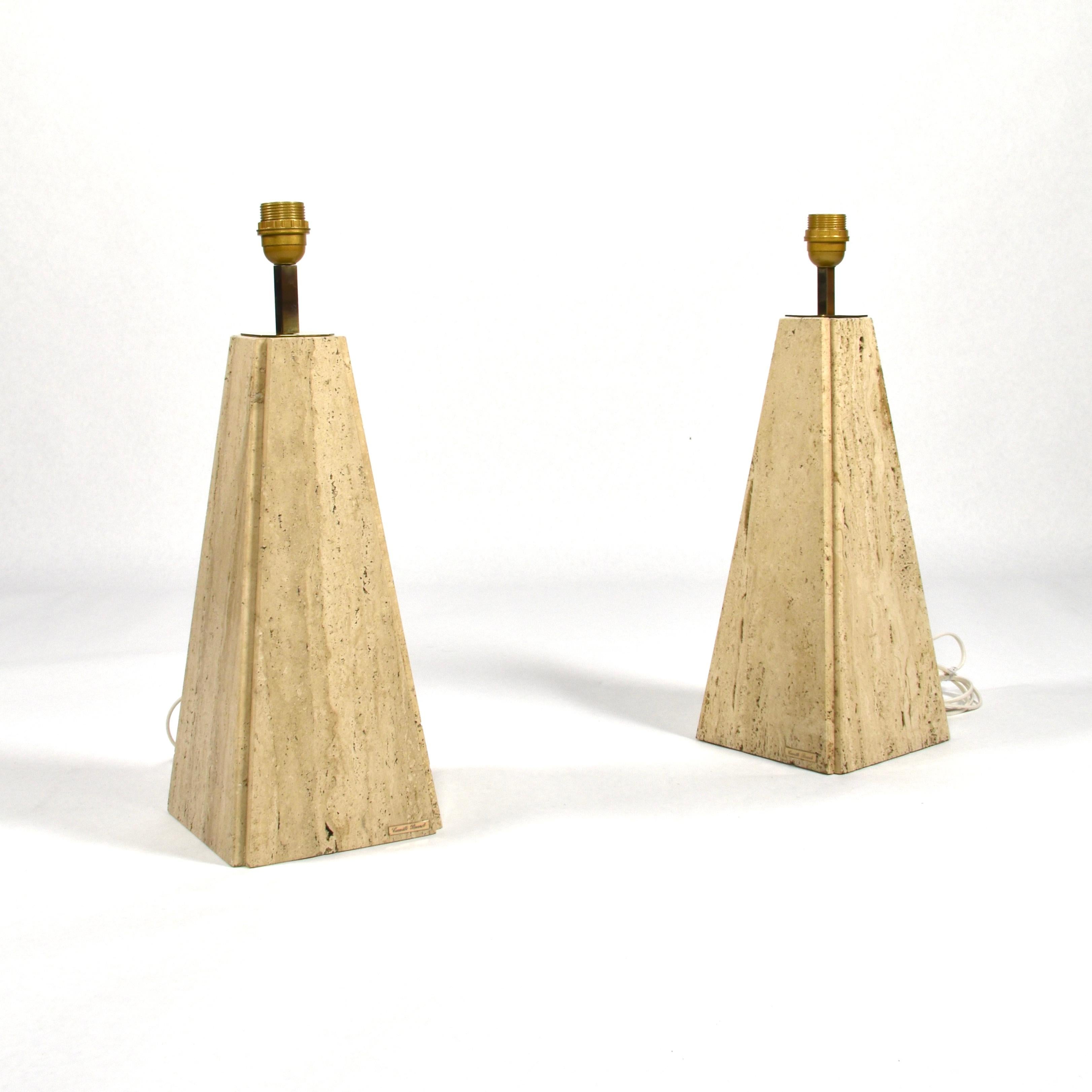 Mid-Century Modern Pair of Camille Breesch Travertine and Brass Table Lamps, Belgium, circa 1970
