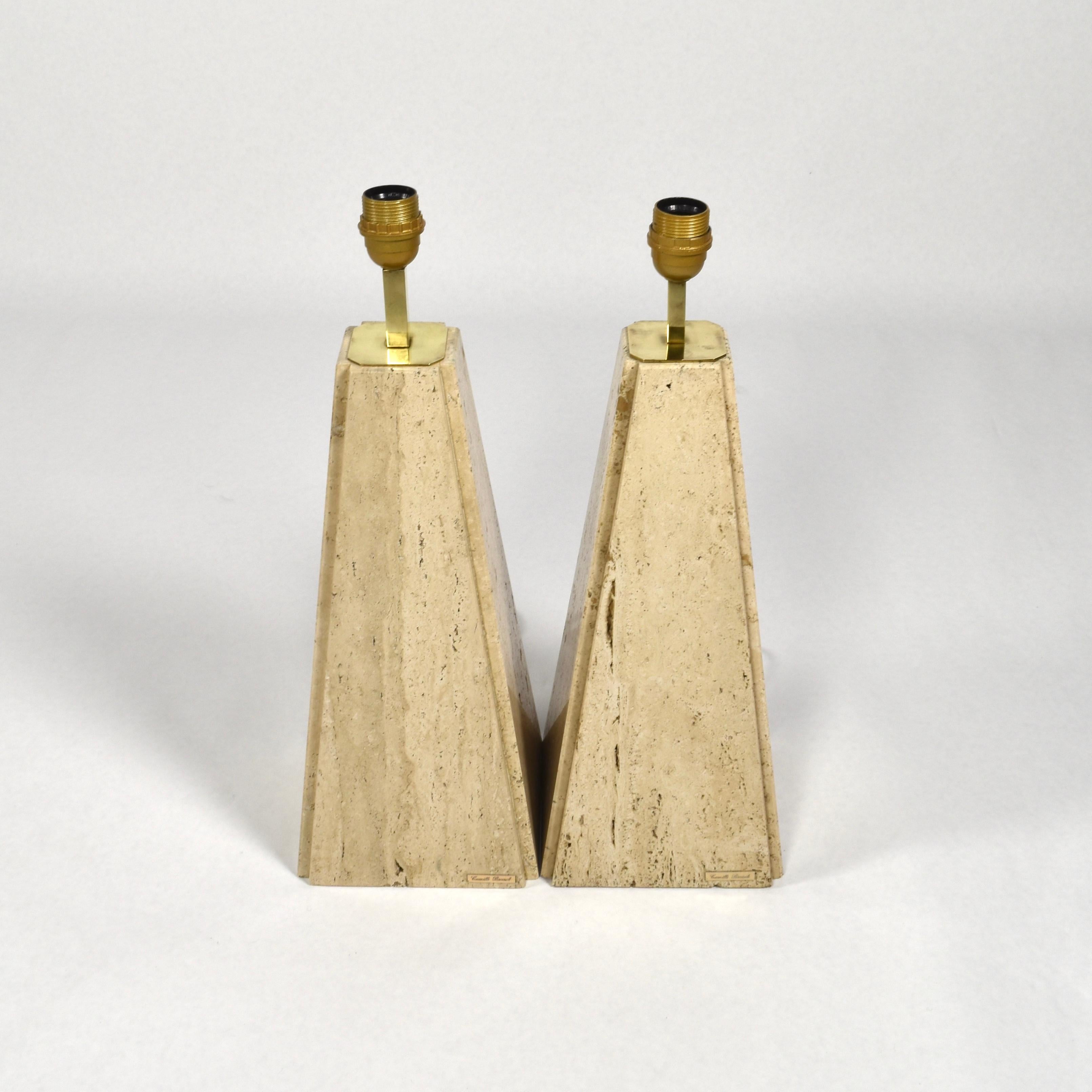 Pair of Camille Breesch Travertine and Brass Table Lamps, Belgium, circa 1970 1