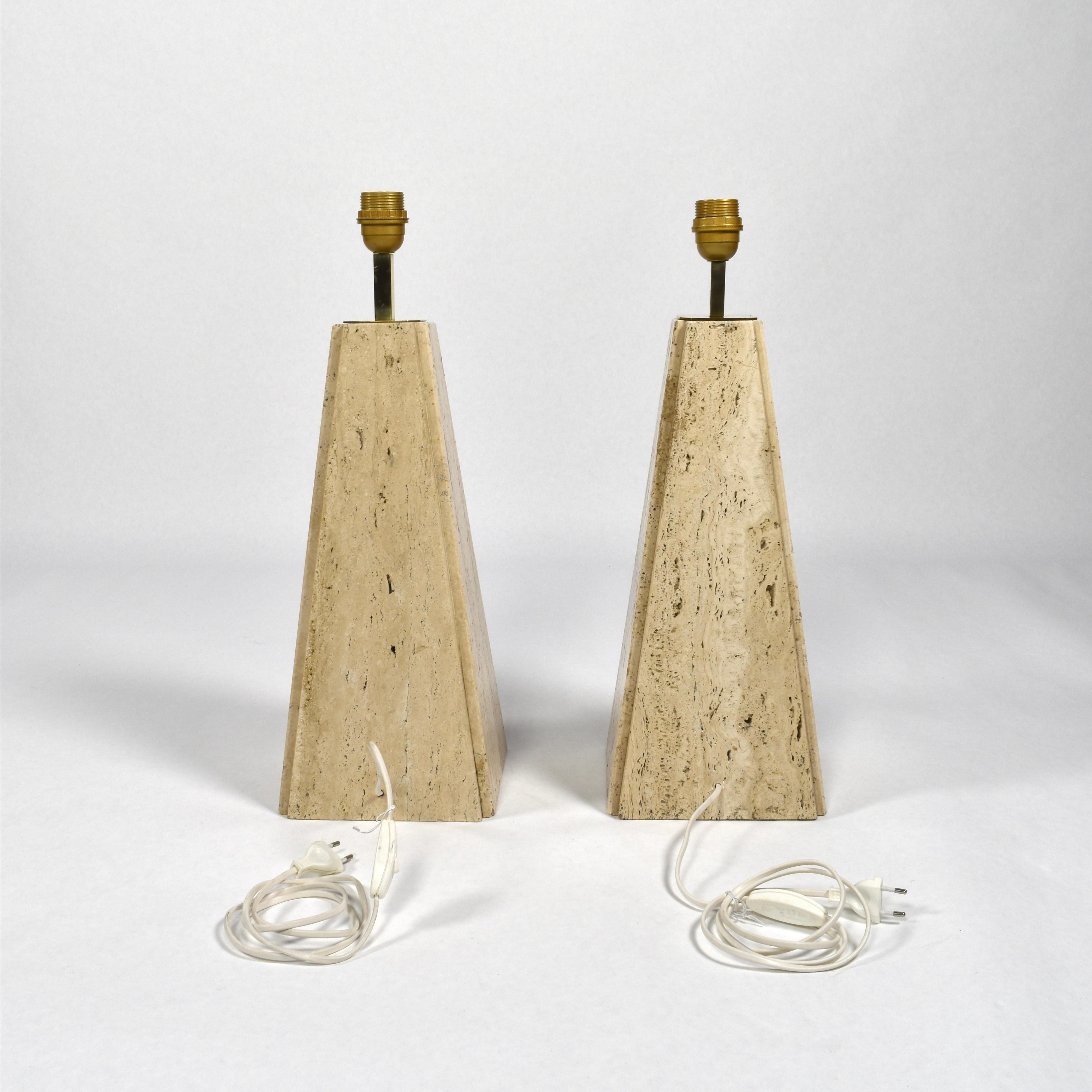 Pair of Camille Breesch Travertine and Brass Table Lamps, Belgium, circa 1970 2