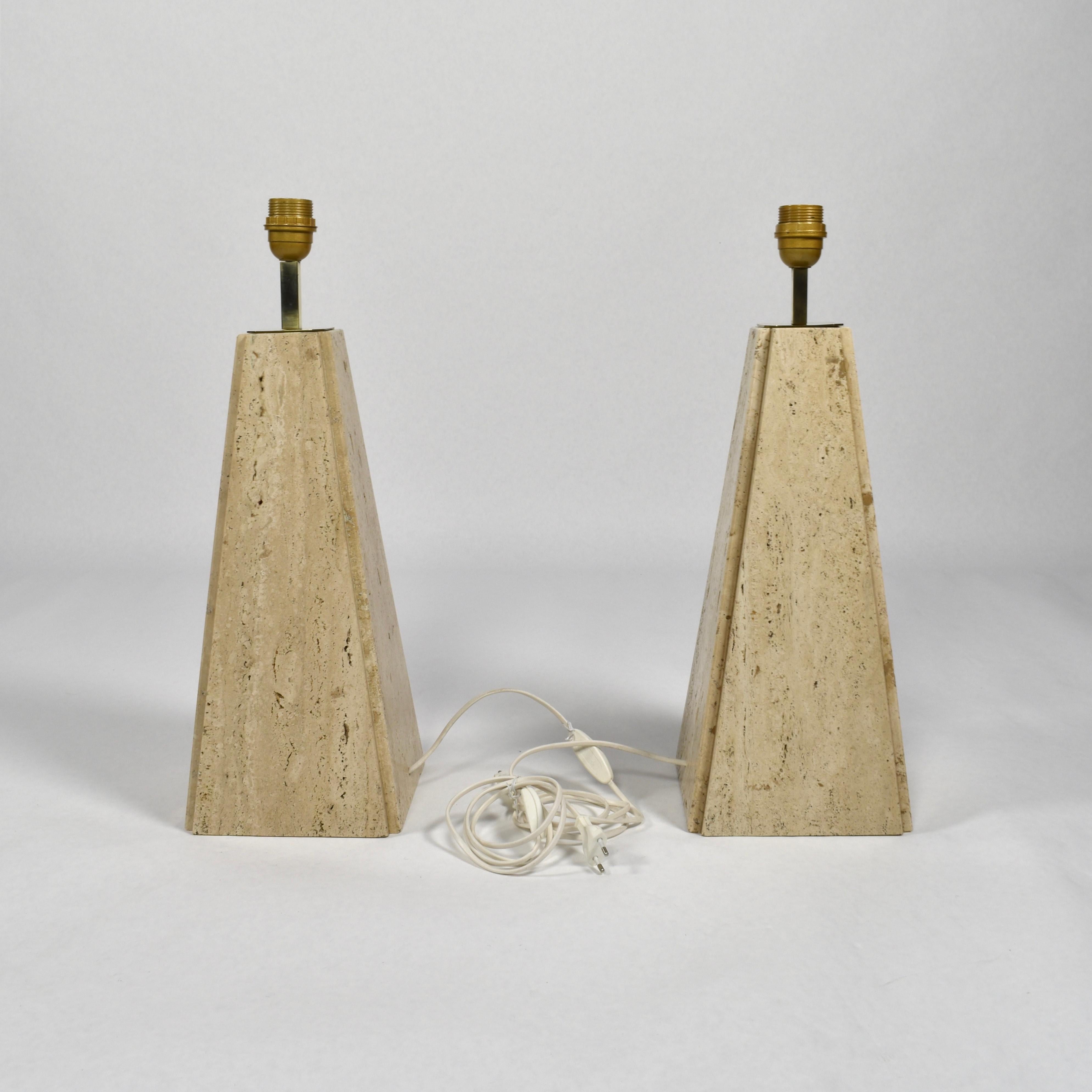 Pair of Camille Breesch Travertine and Brass Table Lamps, Belgium, circa 1970 3