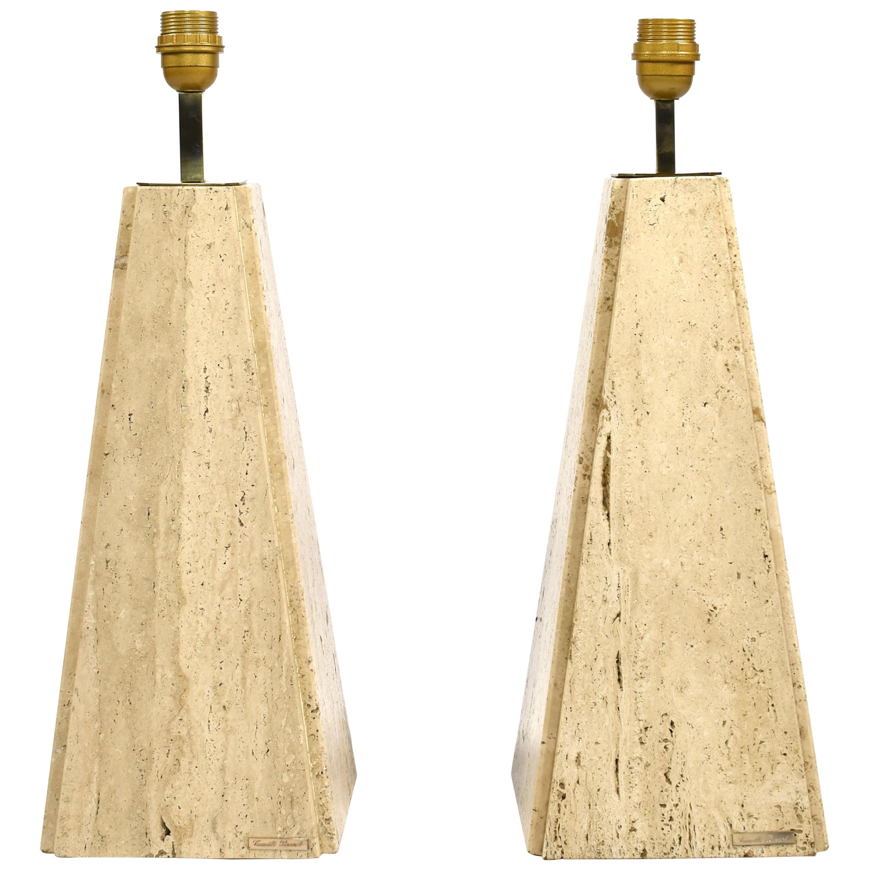 Pair of Camille Breesch Travertine and Brass Table Lamps, Belgium, circa 1970
