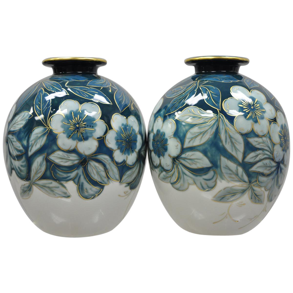 Pair of Camille Tharaud Limoges France Glazed Porcelain Teal Vase Lamp Base