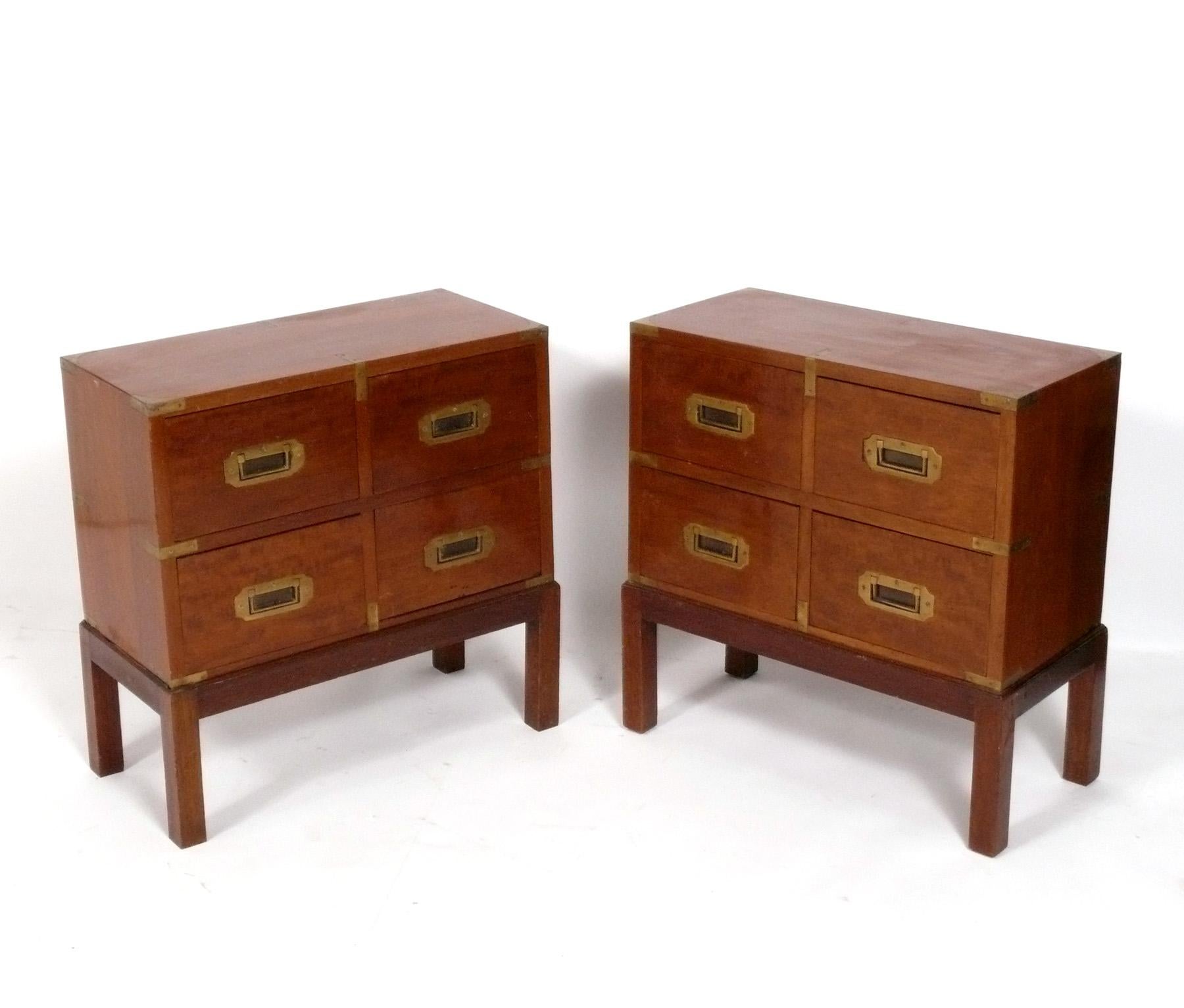 Pair of Campaign Chests or End Tables, believed to be English, circa 19th Century. They are a versatile size and can be used as side or end tables, or as nightstands.