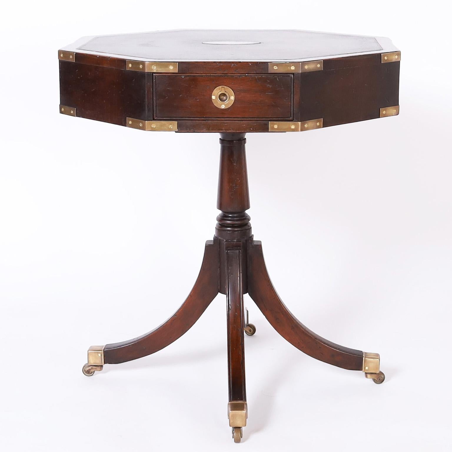 Brass Pair of Campaign Leather Top Tables or Stands For Sale