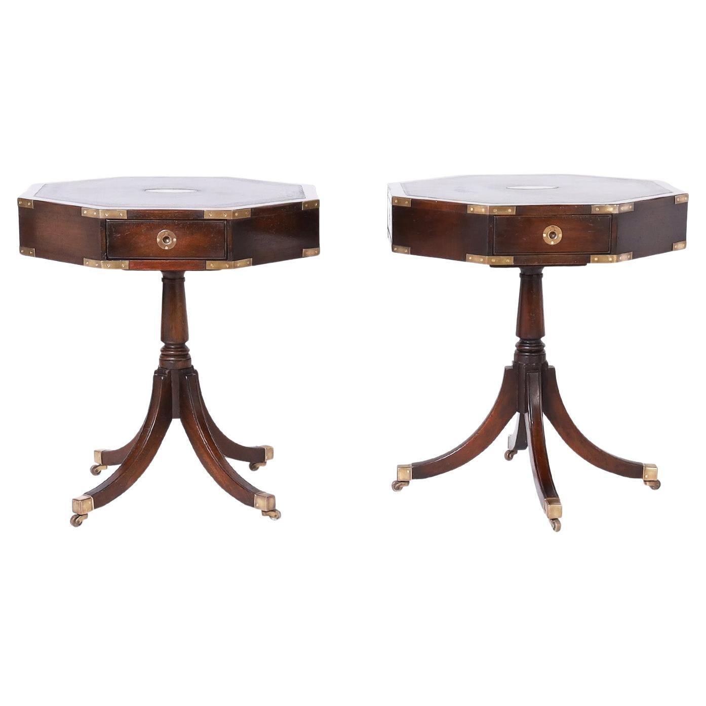 Pair of Campaign Leather Top Tables or Stands For Sale