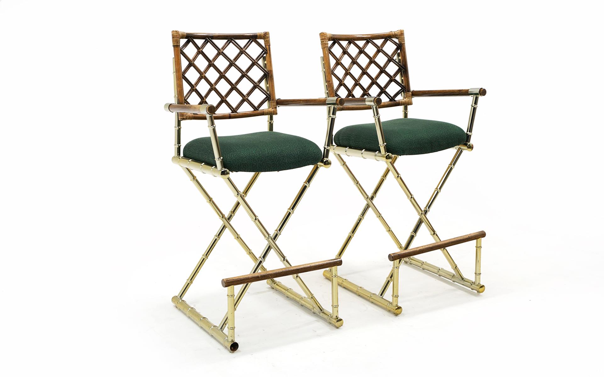 Hollywood Regency Pair of Campaign Style Bar Stools w/ Backs & Arms in Brass, Bamboo, and Rattan