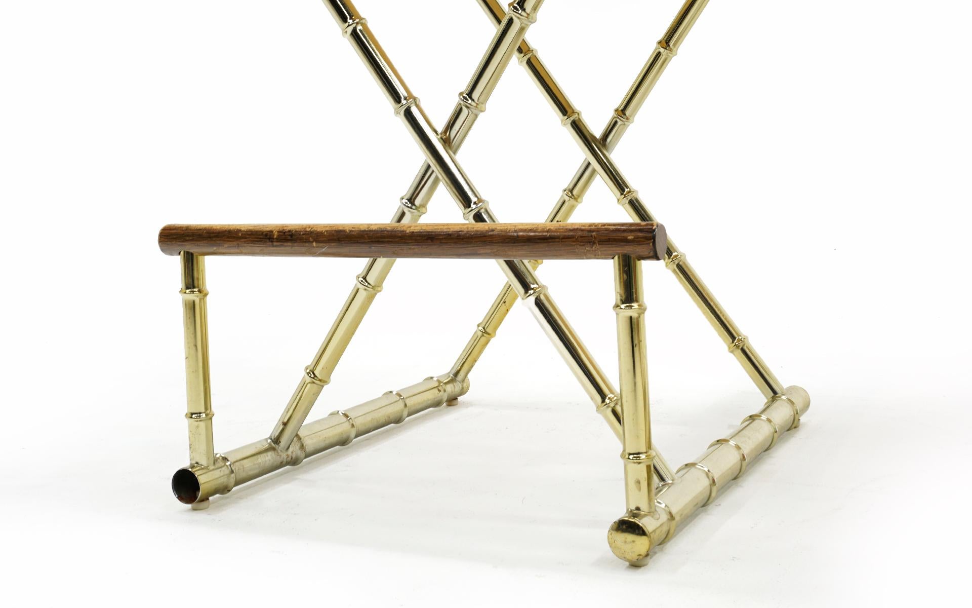 Pair of Campaign Style Bar Stools w/ Backs & Arms in Brass, Bamboo, and Rattan 1