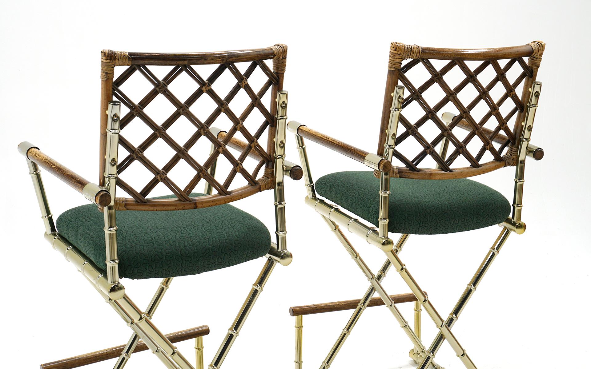 Pair of Campaign Style Bar Stools w/ Backs & Arms in Brass, Bamboo, and Rattan 3