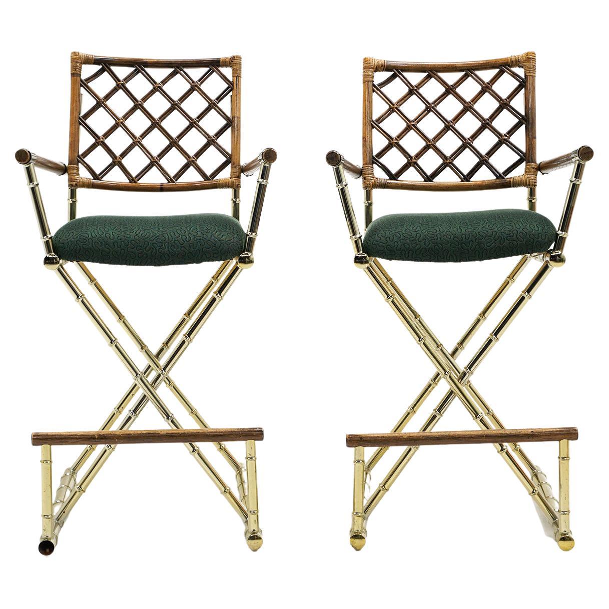 Pair of Campaign Style Bar Stools w/ Backs & Arms in Brass, Bamboo, and Rattan