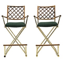 Pair of Campaign Style Bar Stools w/ Backs & Arms in Brass, Bamboo, and Rattan