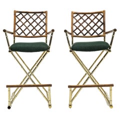 Retro Pair of Campaign Style Bar Stools w/ Backs & Arms in Brass, Bamboo, and Rattan