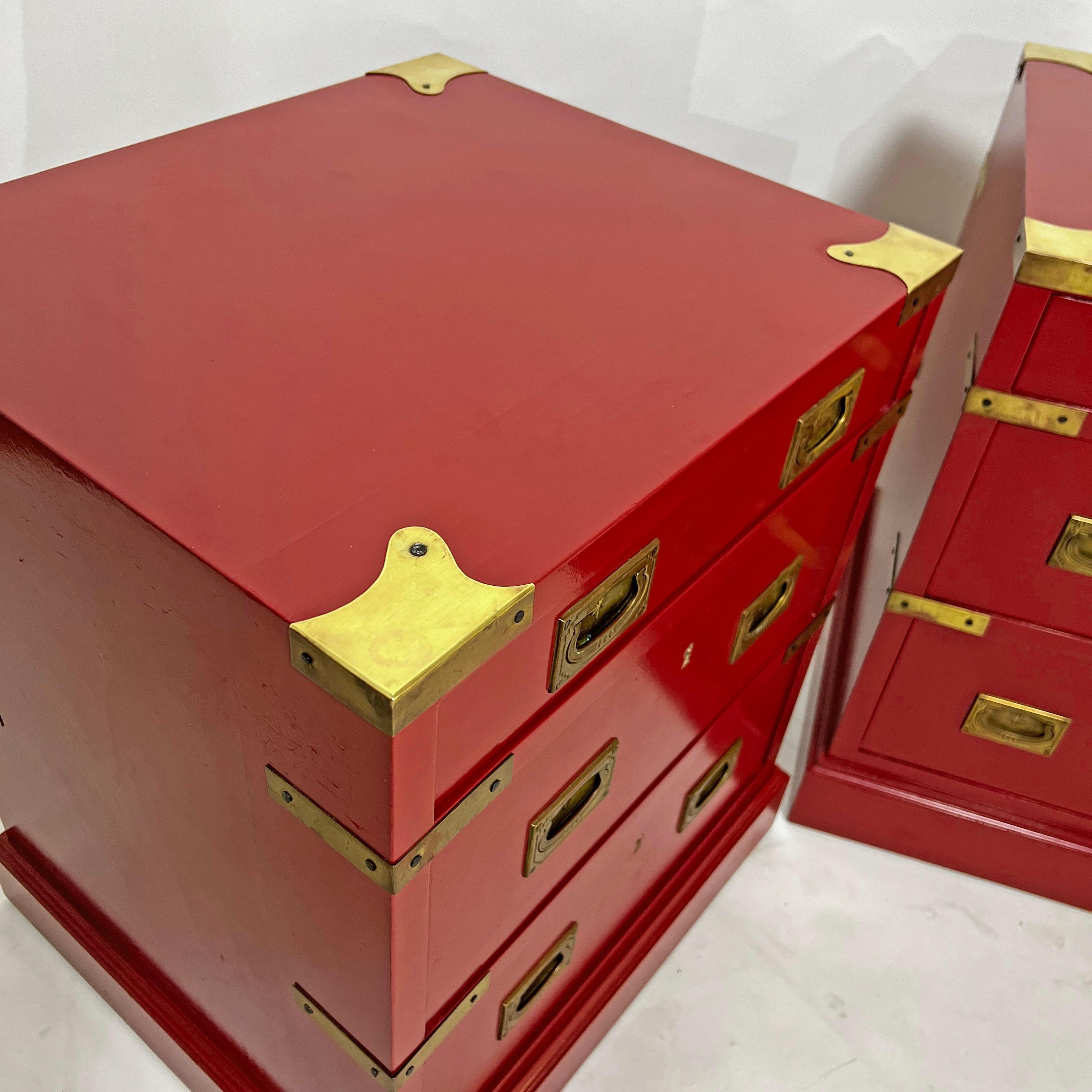 Brass Pair of Campaign Style Bed Side Tables by Trouvailles Circa 1970s For Sale