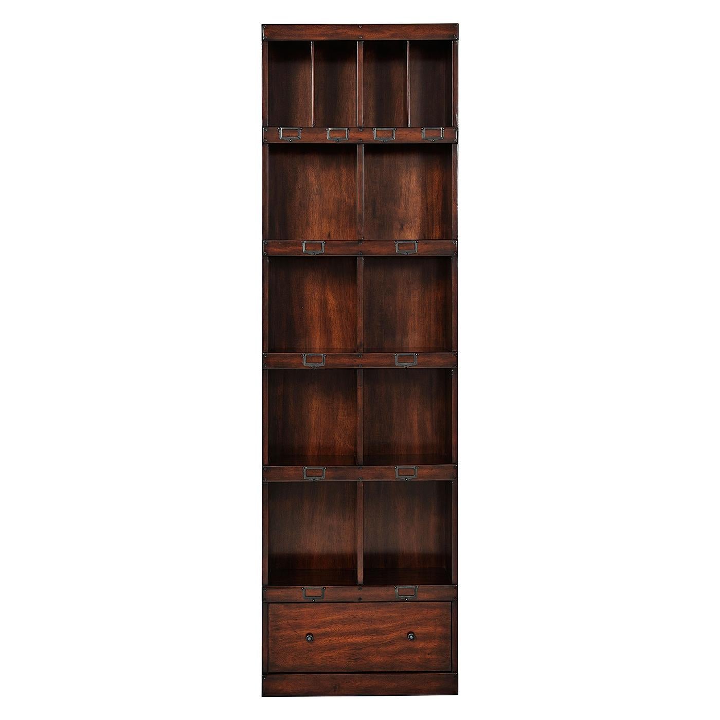A pair of Campaign office bookcases, each with four pigeonholes, eight shelf sections and one drawer with brass fittings. The original Victorian.

Dimensions: 24