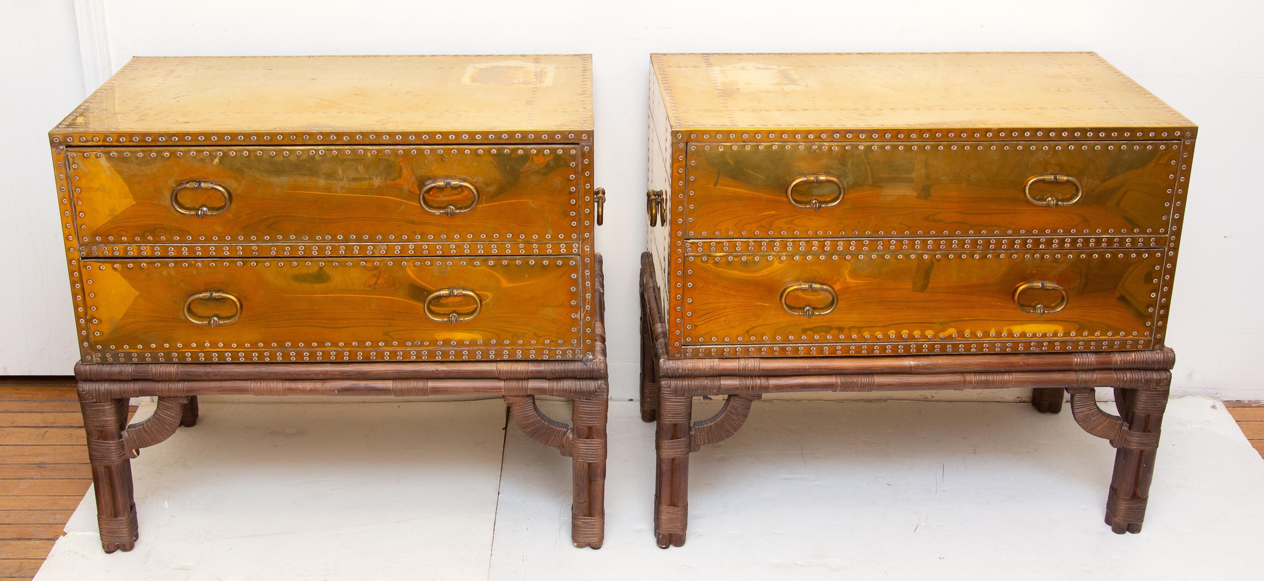Mid-Century Modern Pair of Campaign Style Brass Two-Drawer Chest on Stands Sarreid Ltd., Spain