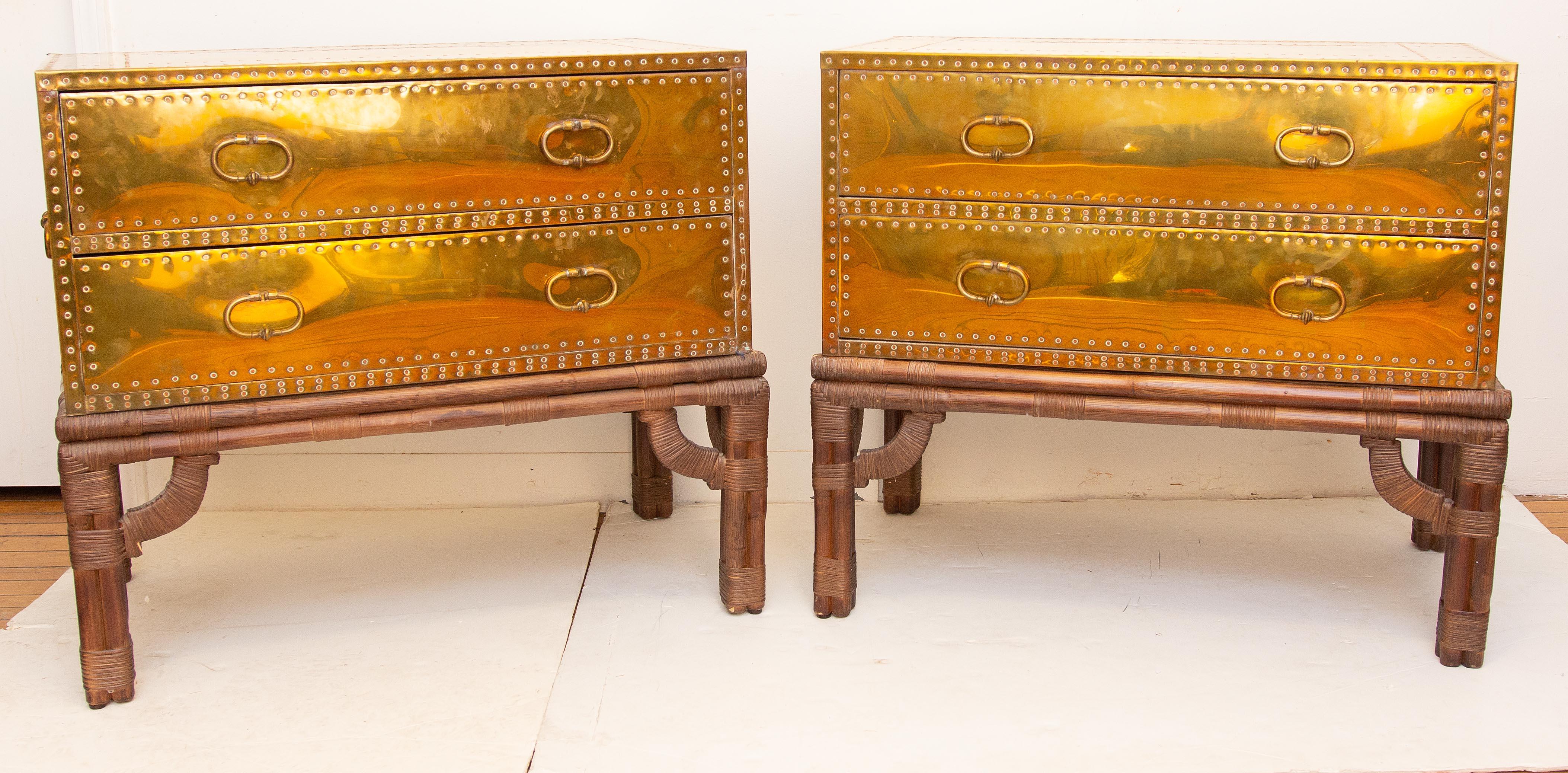 Pair of Campaign Style Brass Two-Drawer Chest on Stands Sarreid Ltd., Spain In Good Condition In Rochester, NY