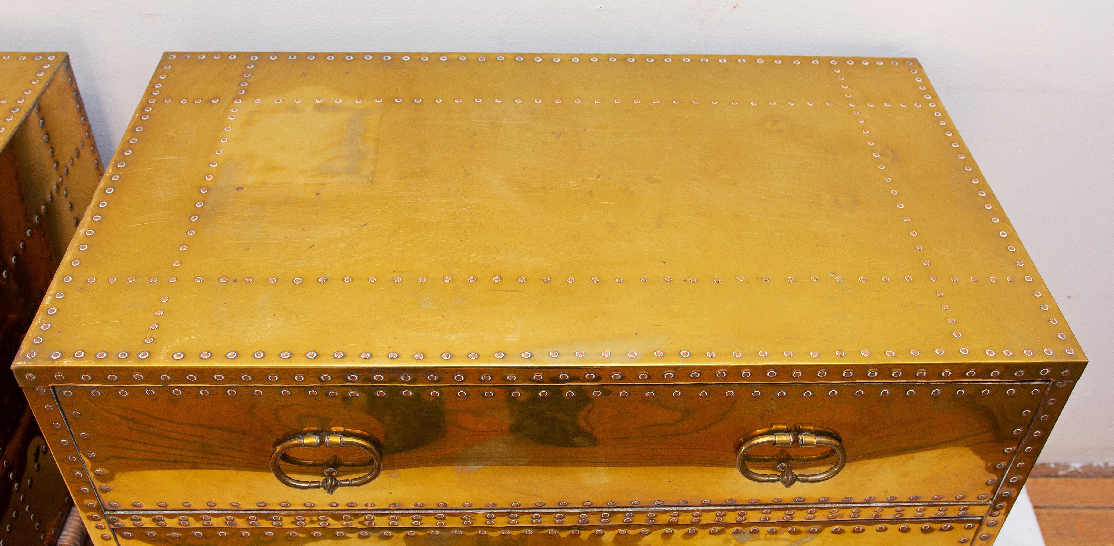 20th Century Pair of Campaign Style Brass Two-Drawer Chest on Stands Sarreid Ltd., Spain