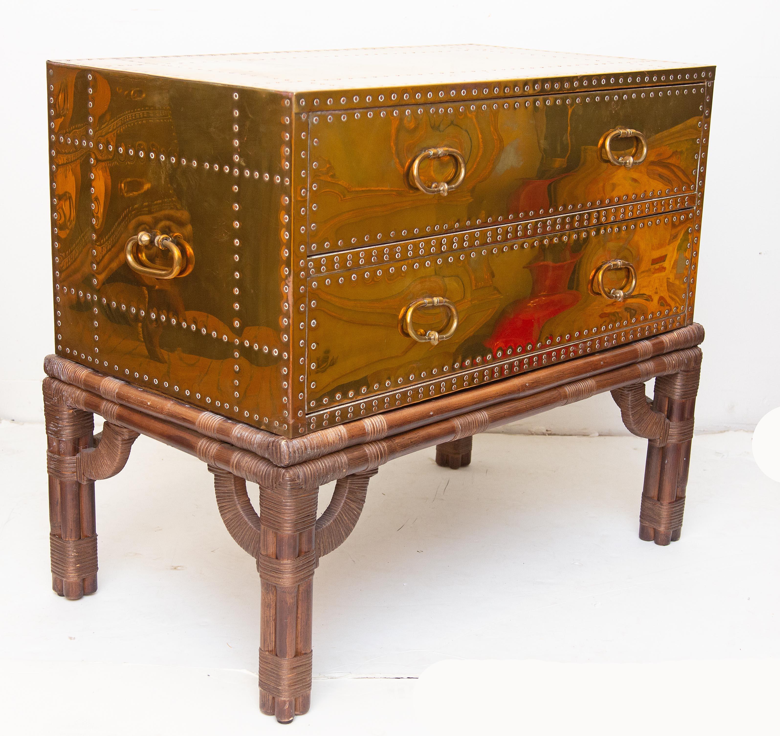 Pair of Campaign Style Brass Two-Drawer Chest on Stands Sarreid Ltd., Spain 1