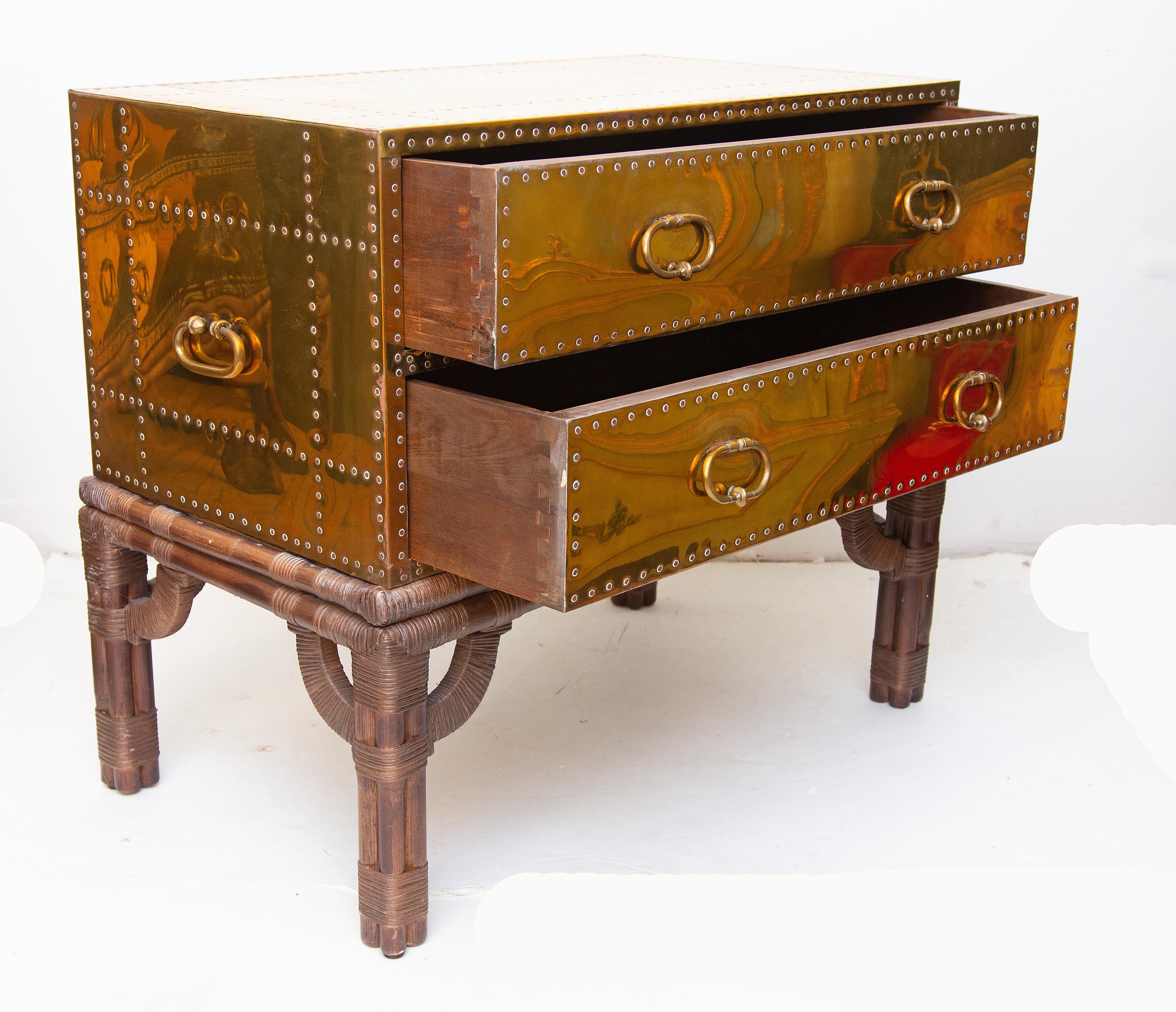 Pair of Campaign Style Brass Two-Drawer Chest on Stands Sarreid Ltd., Spain 2