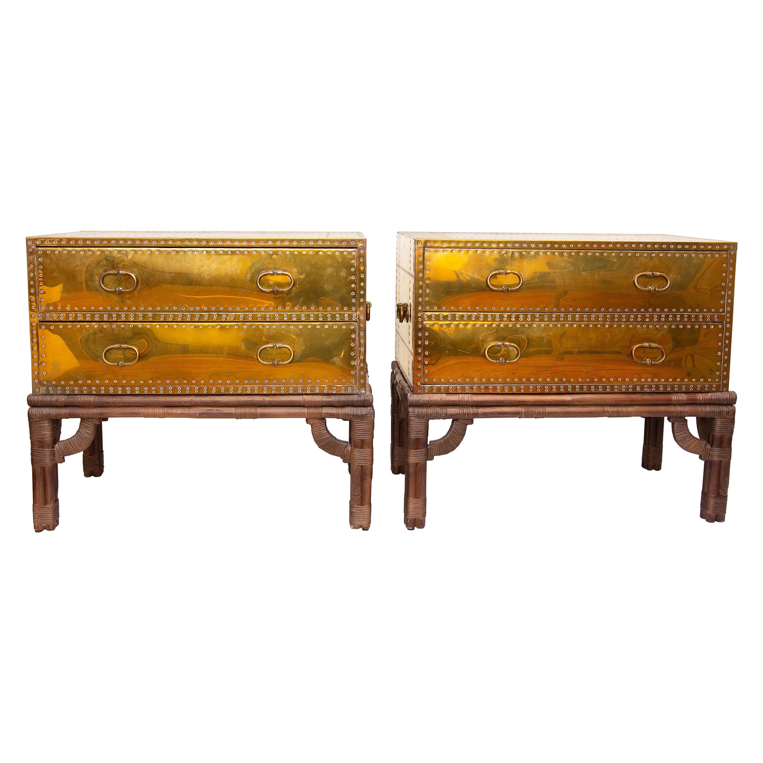Pair of Campaign Style Brass Two-Drawer Chest on Stands Sarreid Ltd., Spain