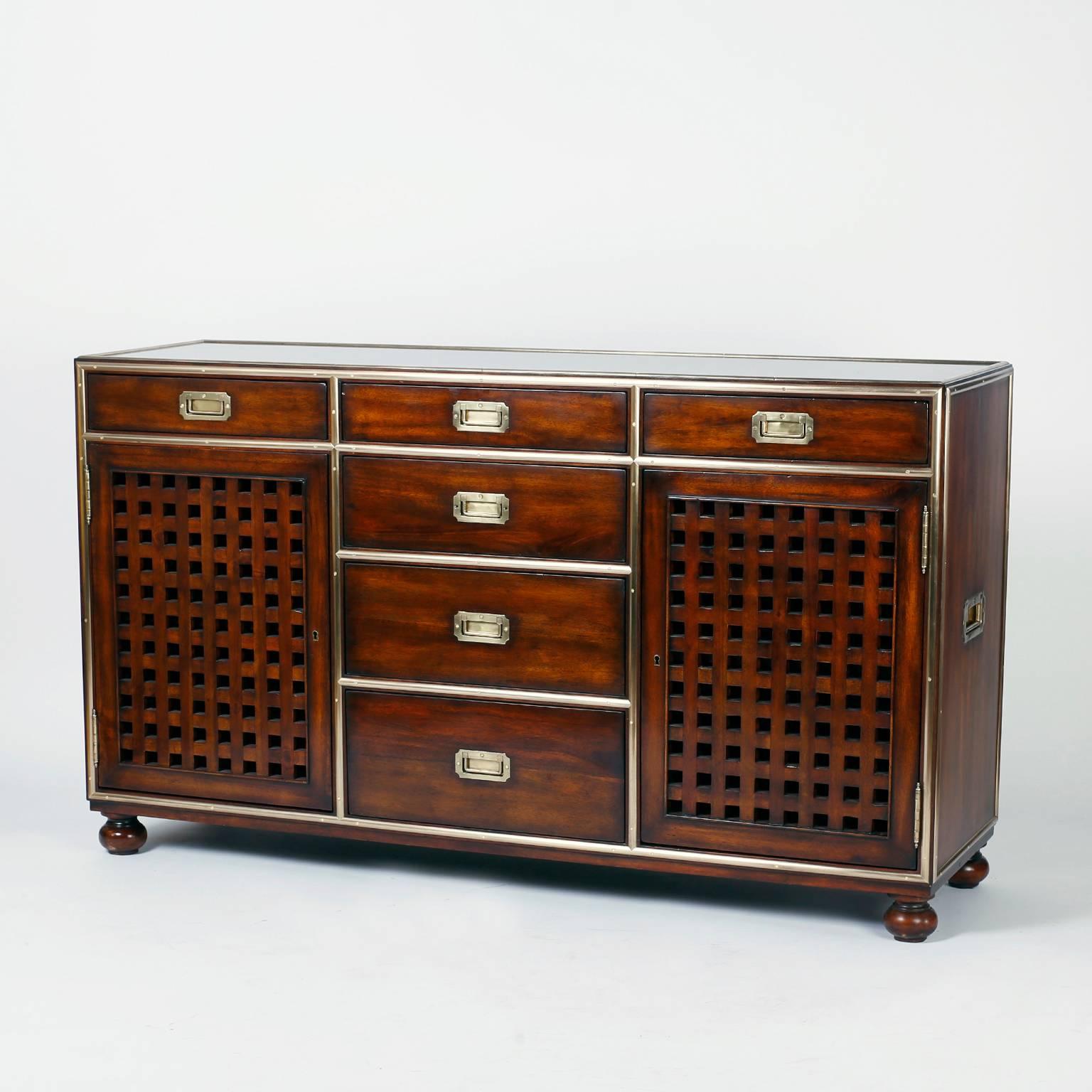 Pair of Campaign Style Credenzas or Cabinets In Excellent Condition In Palm Beach, FL