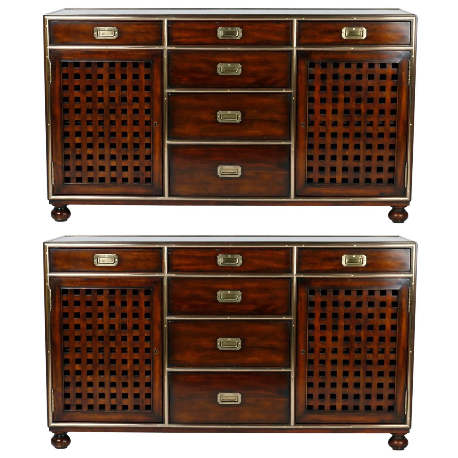 Pair of Campaign Style Credenzas or Cabinets