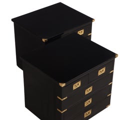 Pair of Campaign Style Ebonized Mahogany Nightstands, C. 1950