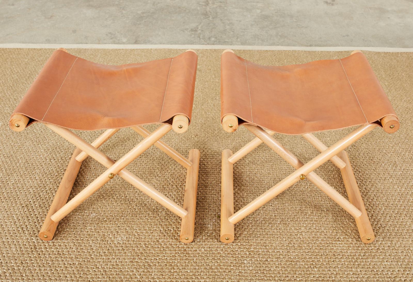 Hand-Crafted Pair of Campaign Style Leather Folding Stools