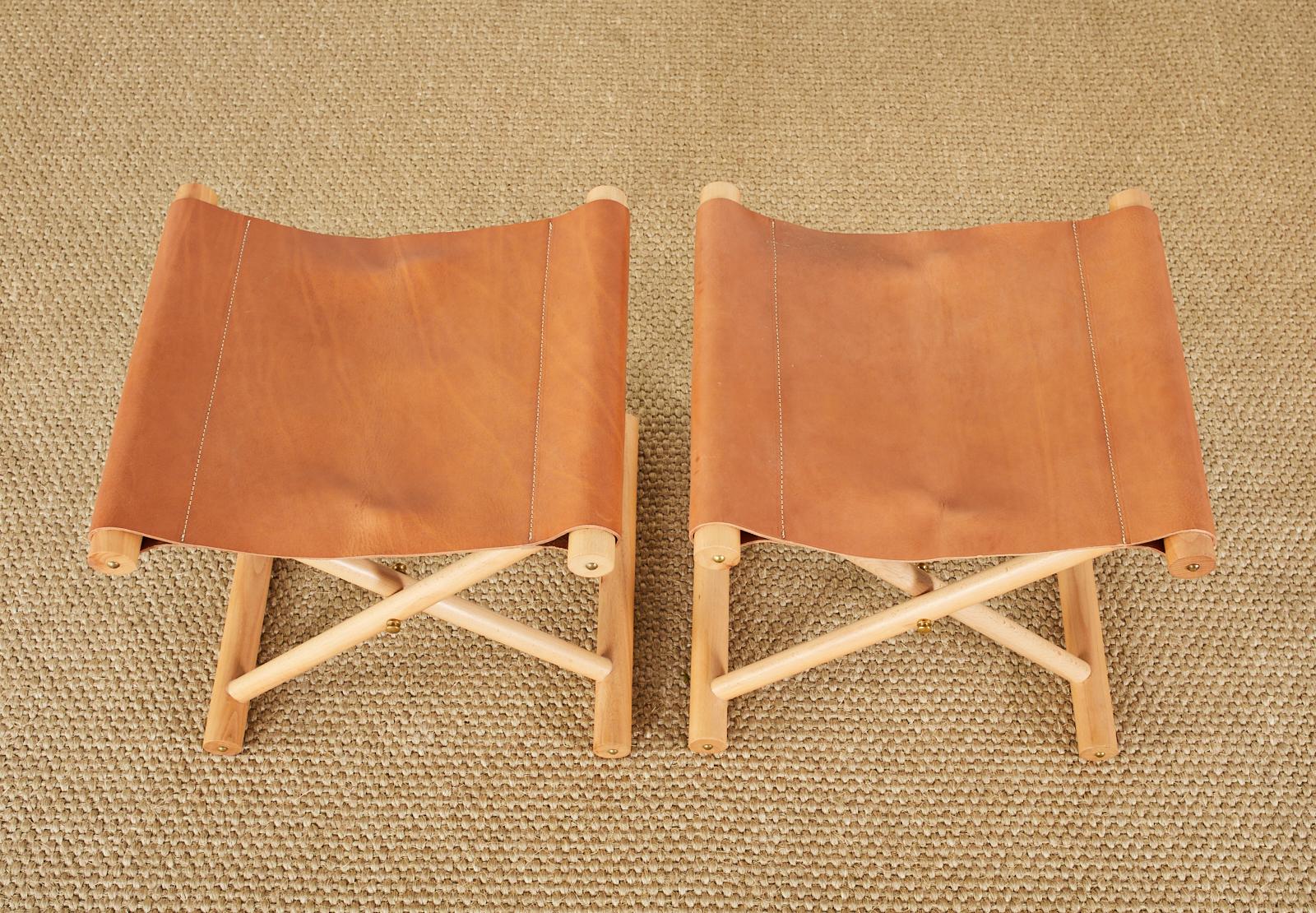 Pair of Campaign Style Leather Folding Stools In Good Condition In Rio Vista, CA