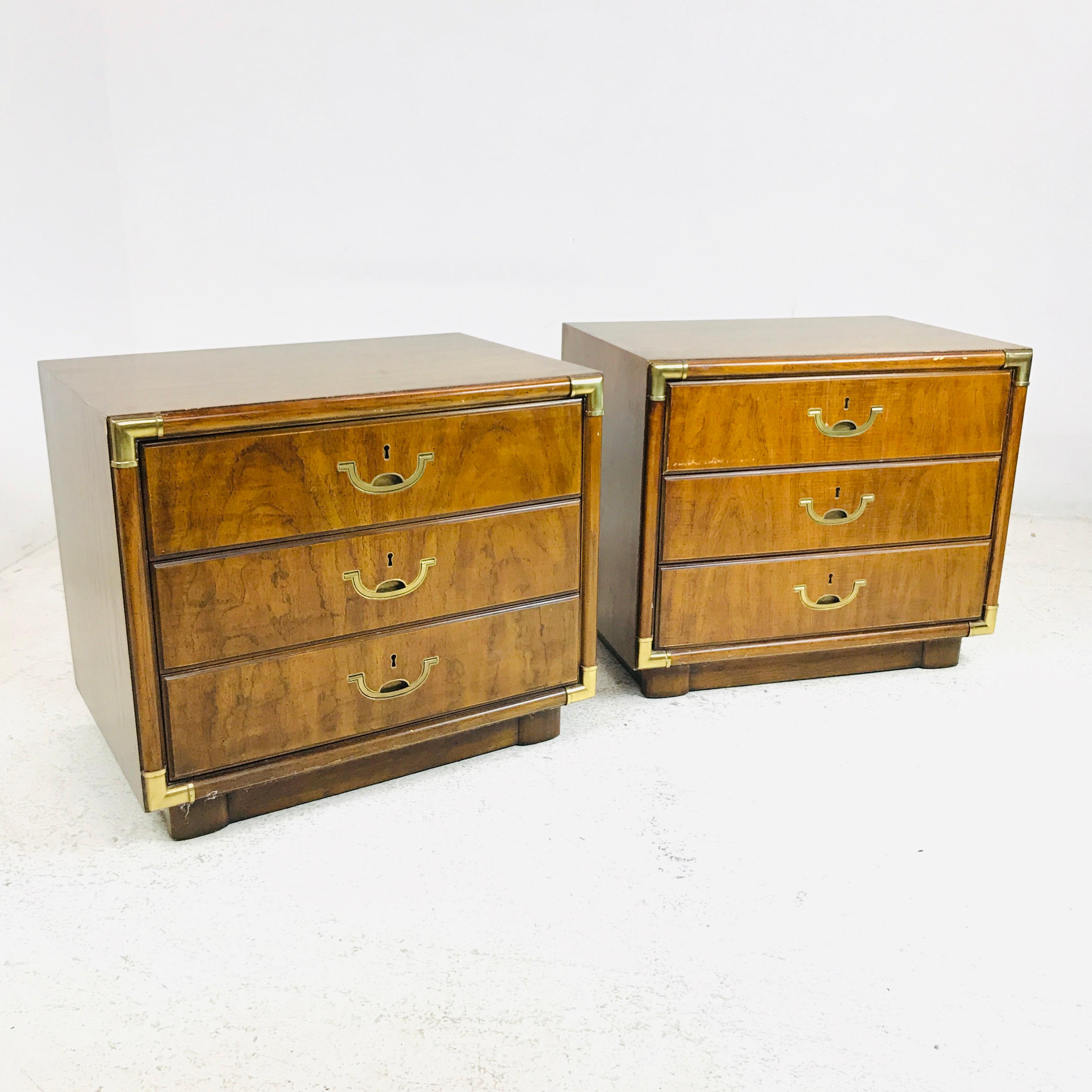 Pair of 1970s campaign style nightstands by Drexel. Original brass hardware.