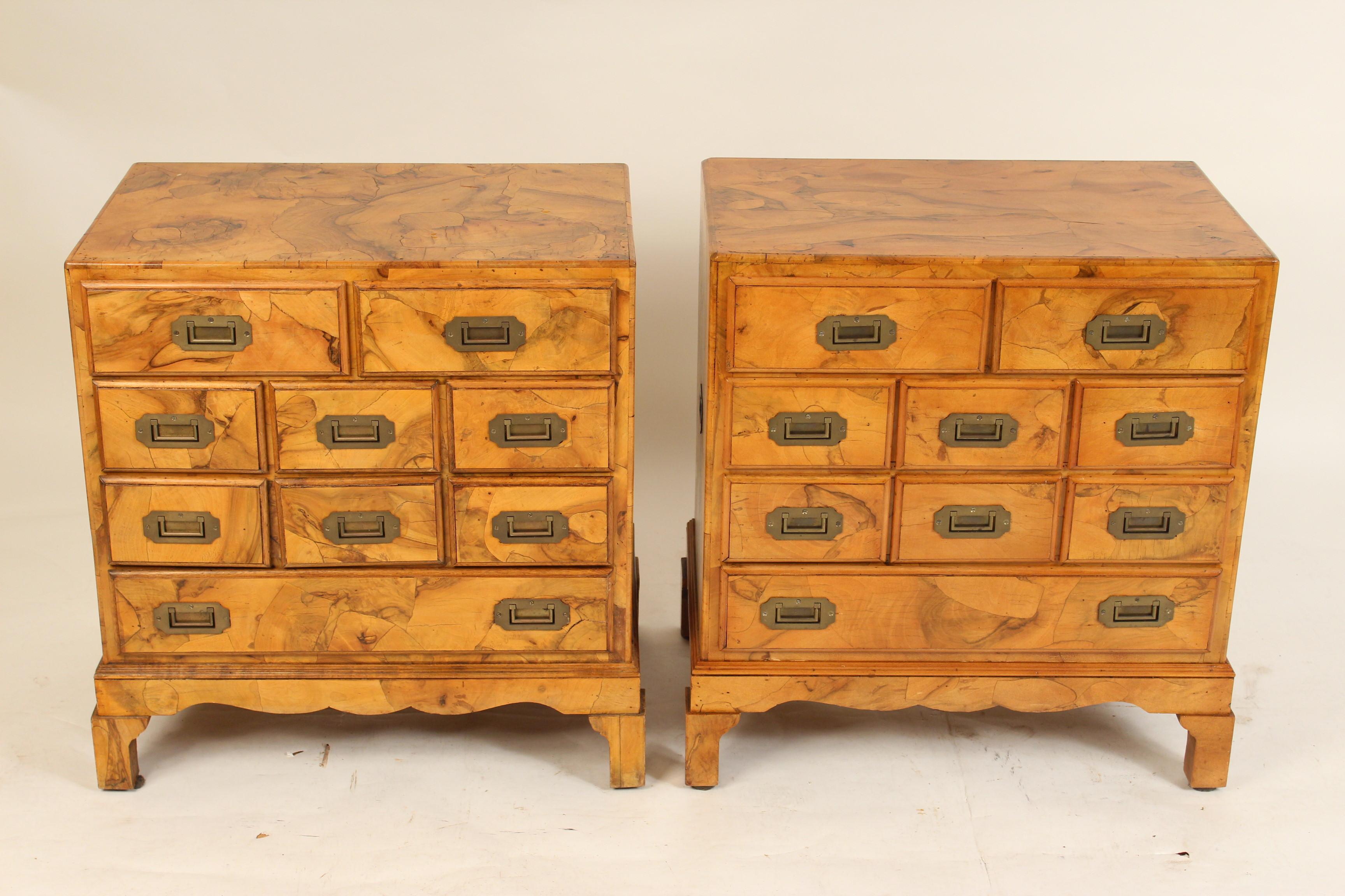 Pair of George III style, campaign style burl olive wood, occasional commodes, mid-20th century. Made in Italy. The flat area of the top measures, depth 16