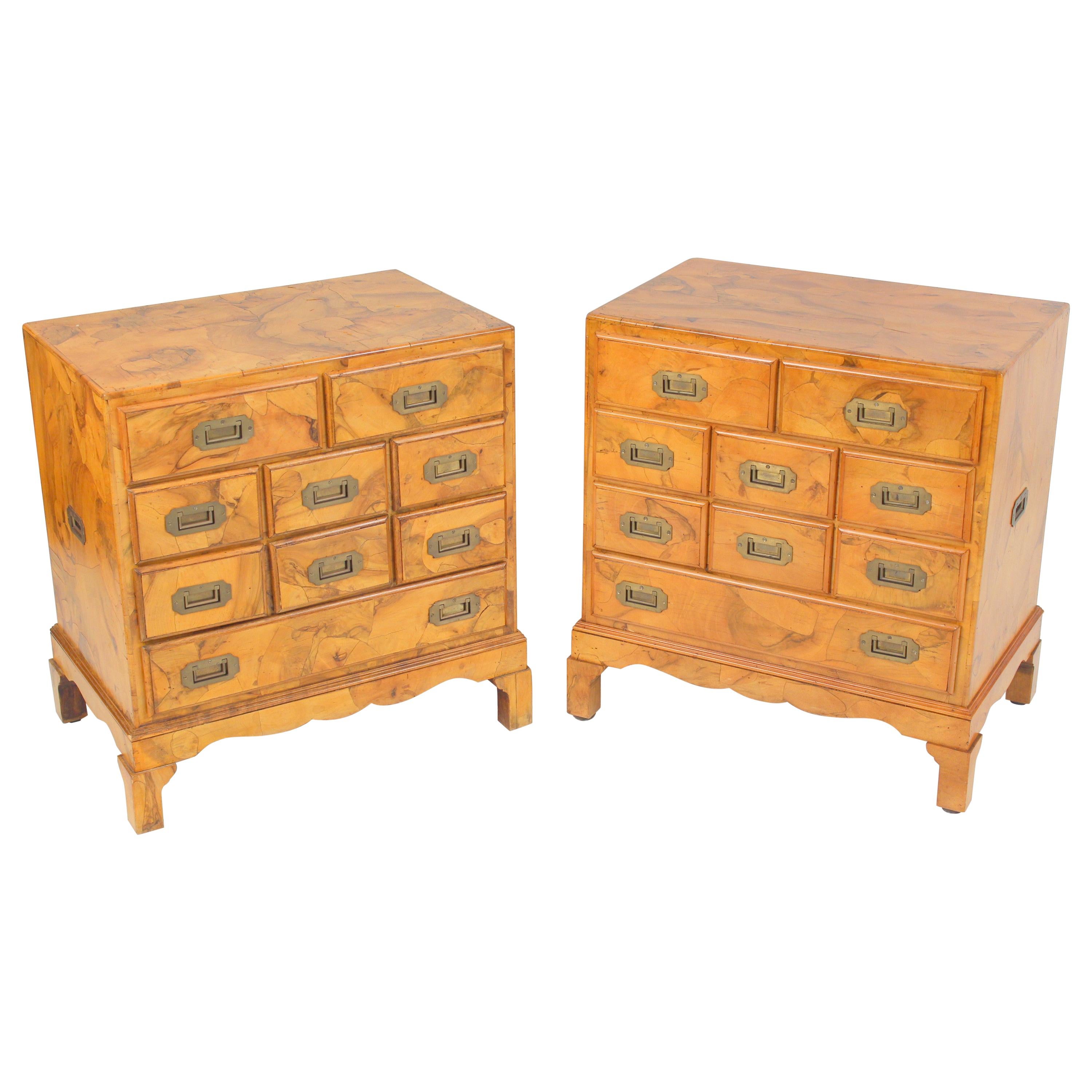Pair of Campaign Style Olive Wood Occasional Commodes