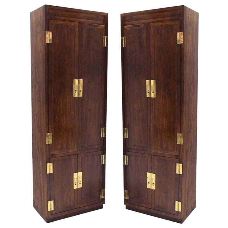 Pair of Campaign Style Tall Fitted Cabinets by Henredon For Sale