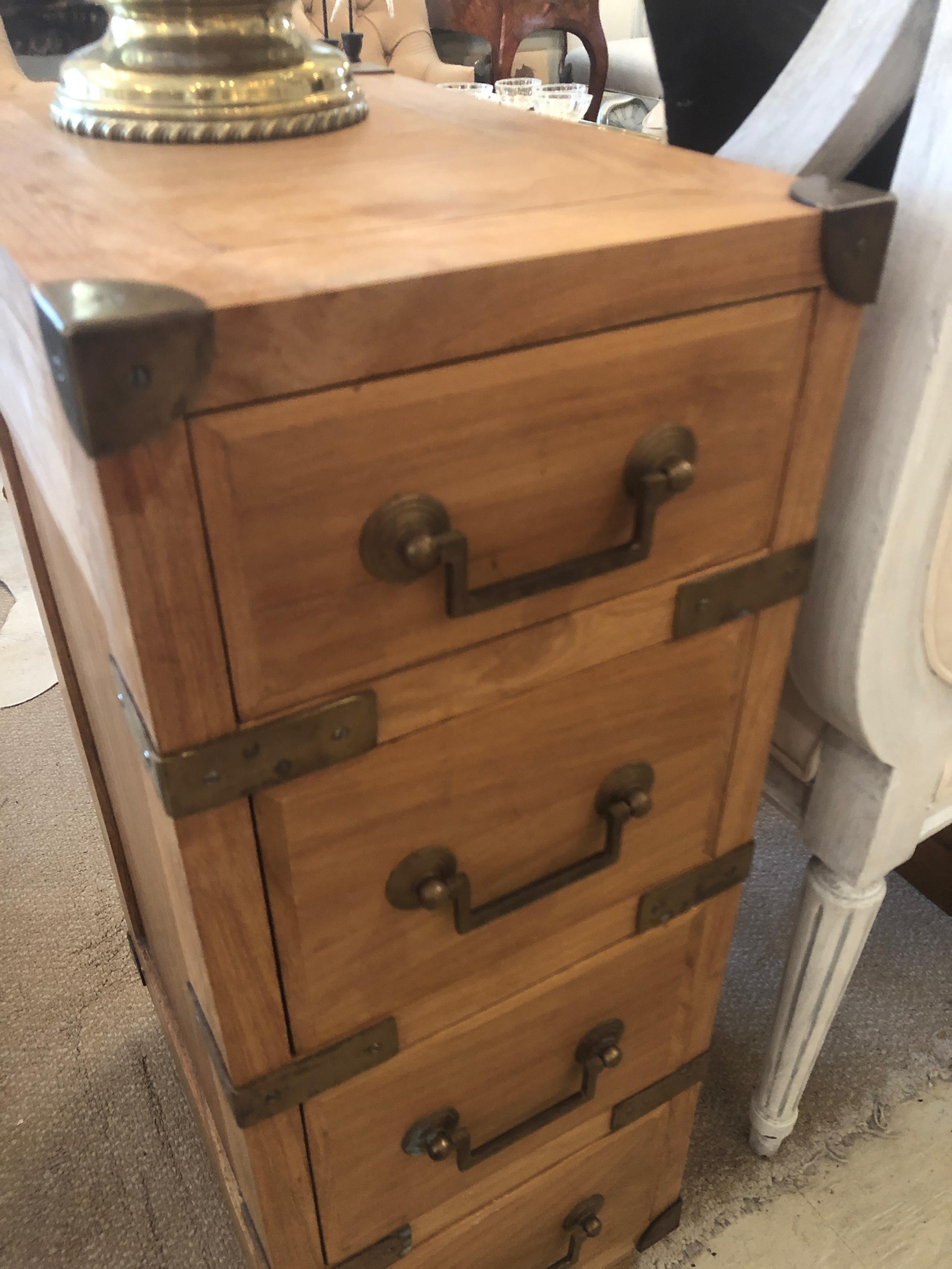 Pair of Campaign Style Teak and Brass End Tables Nightstands 3