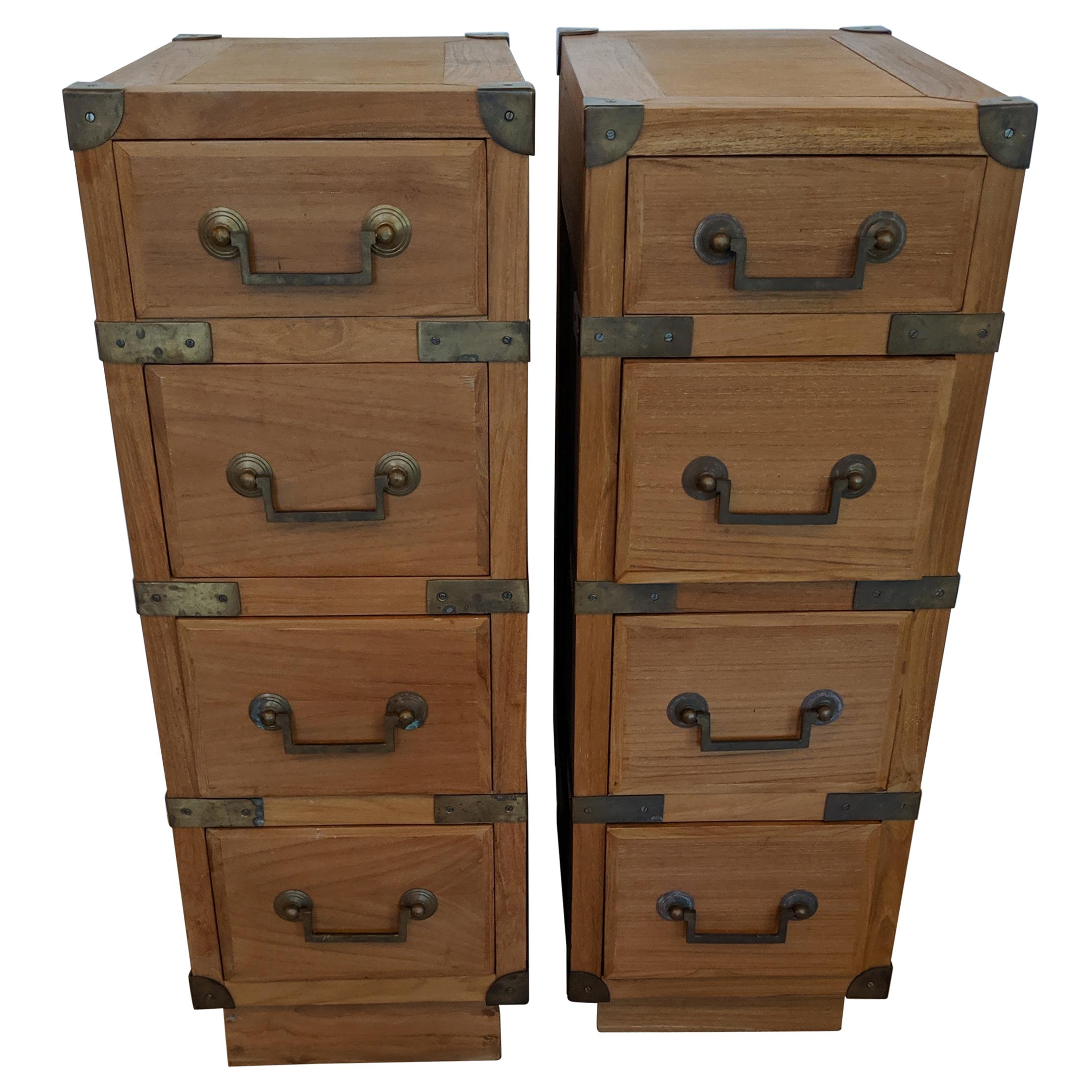 Pair of Campaign Style Teak and Brass End Tables Nightstands