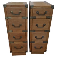 Pair of Campaign Style Teak and Brass End Tables Nightstands