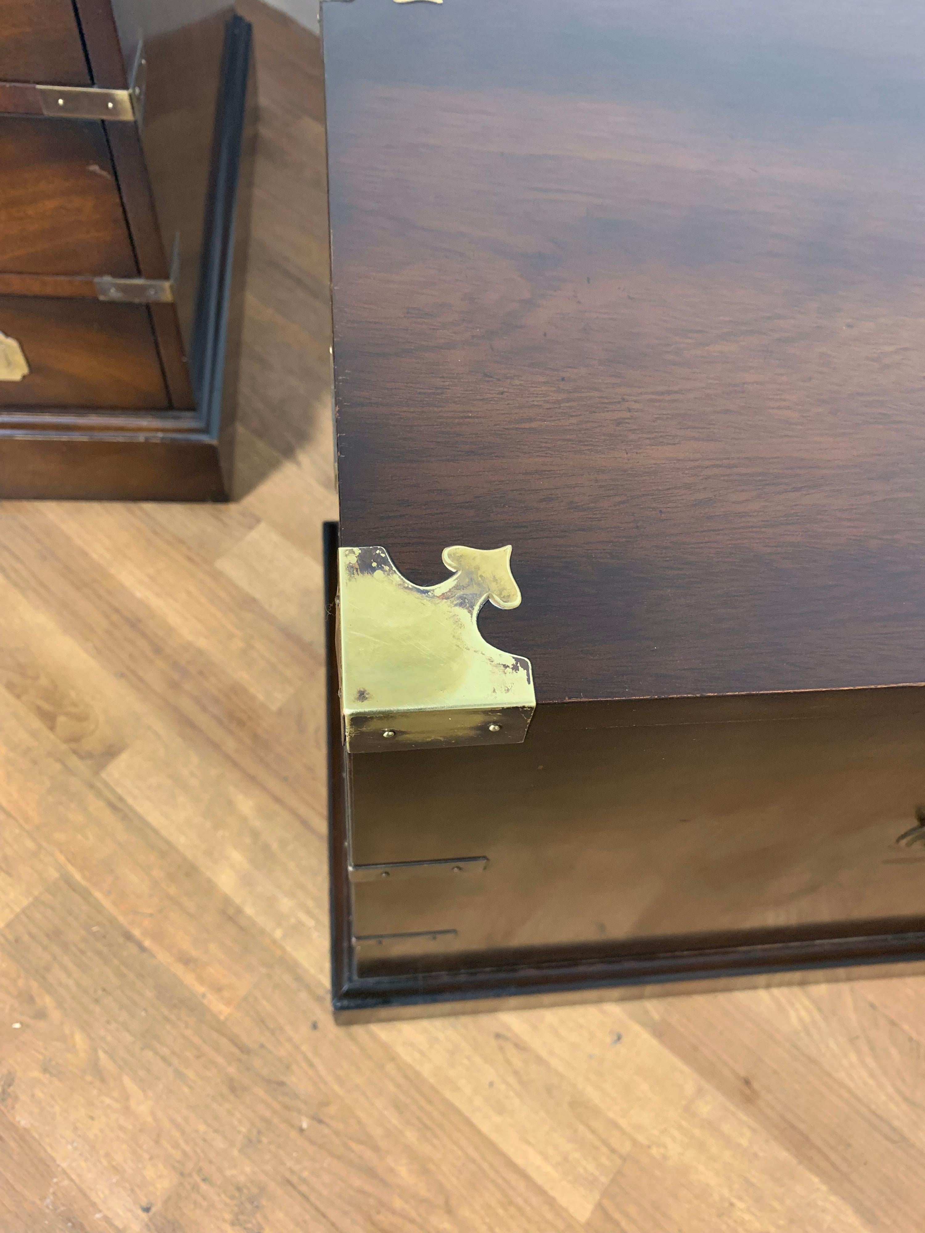 Pair of Campaign Style Three Drawer End Table Chests, Circa 1950s 3