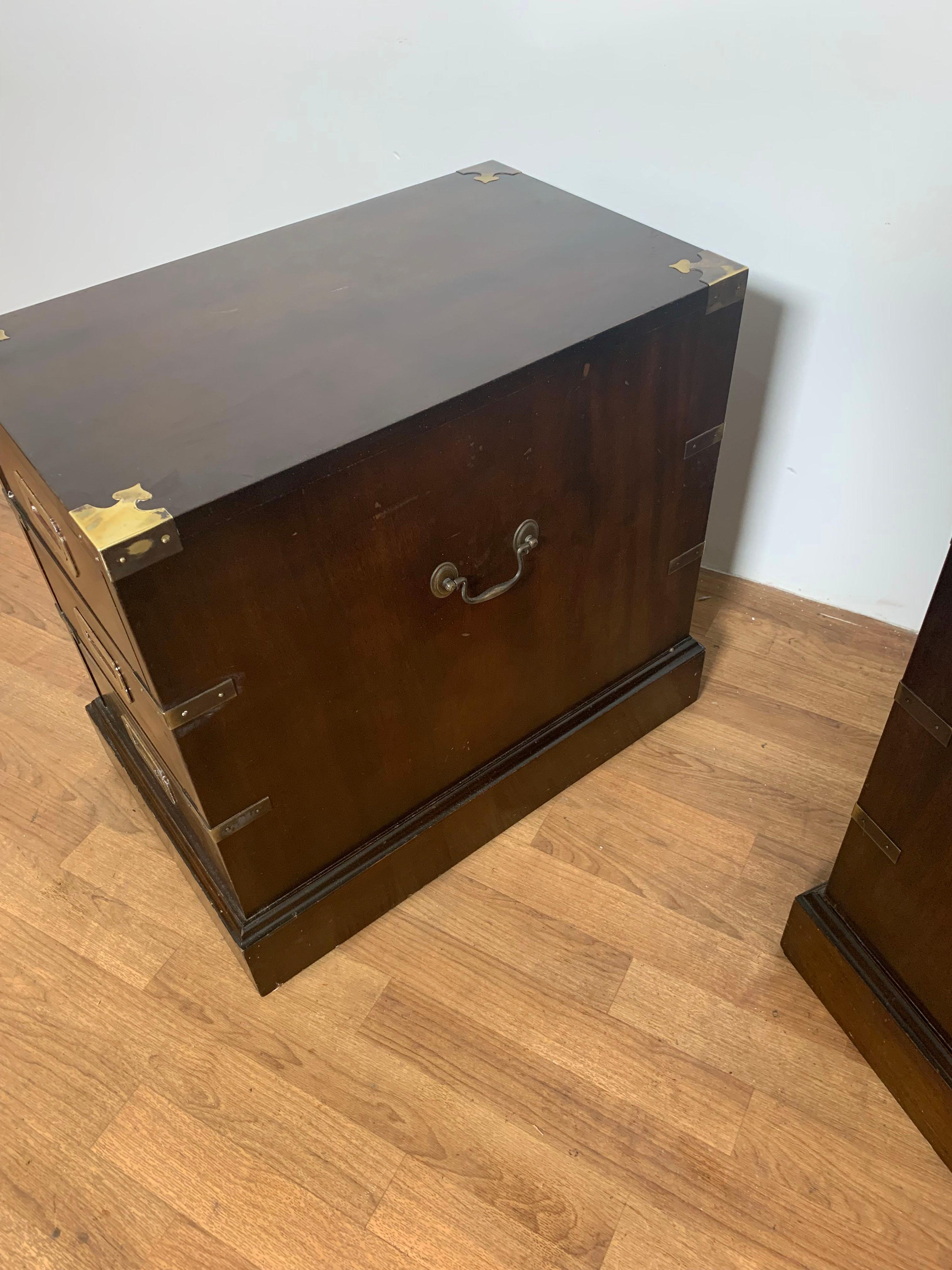 Pair of Campaign Style Three Drawer End Table Chests, Circa 1950s 4