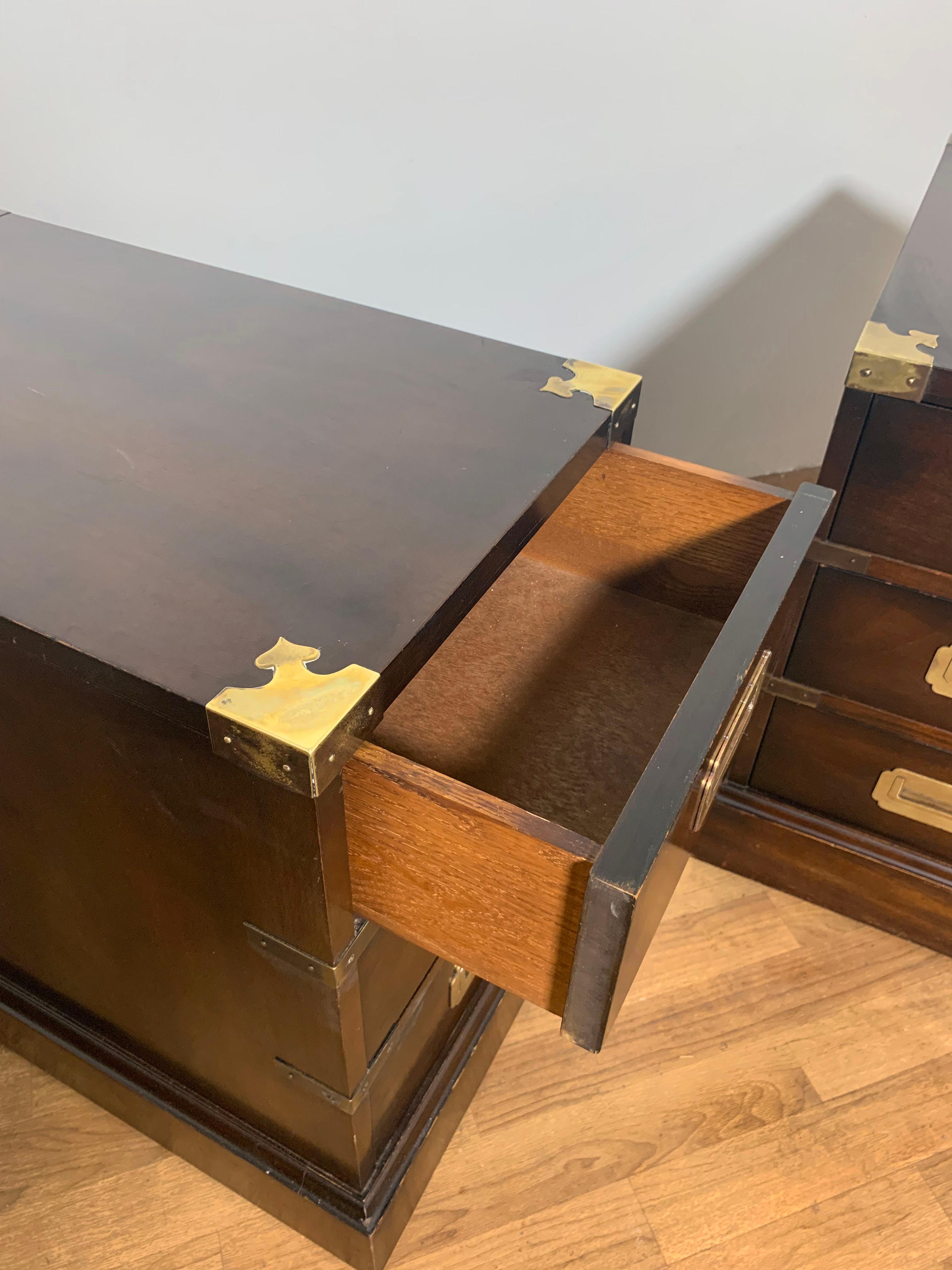 Pair of Campaign Style Three Drawer End Table Chests, Circa 1950s 5
